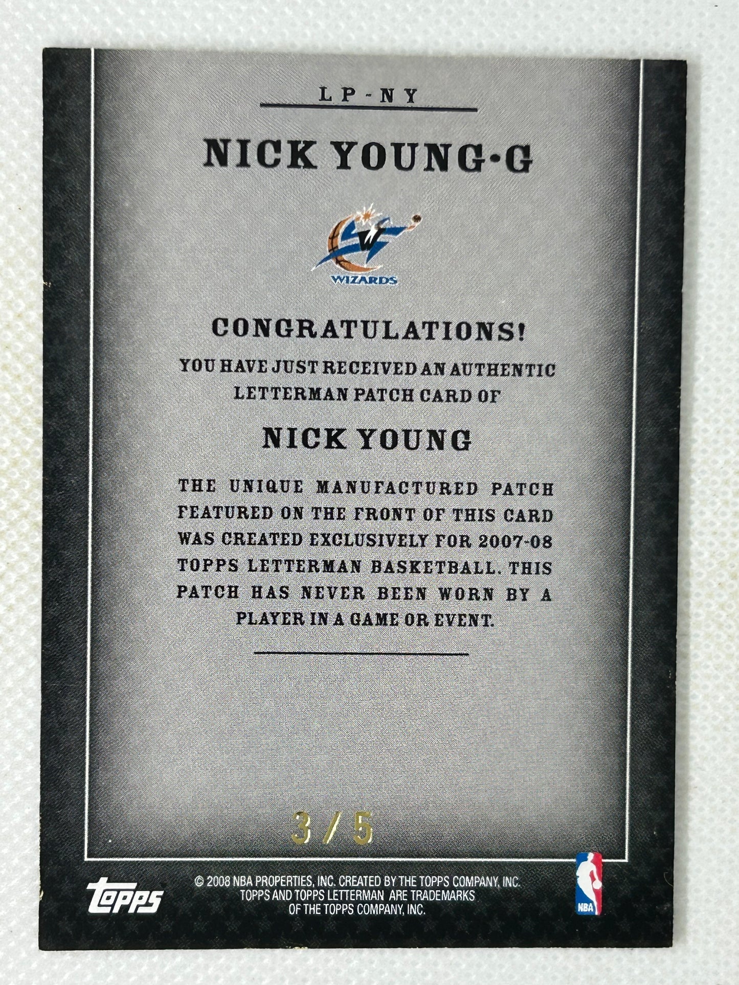 2008 Topps Letterman Basketball Nick Young Letter Y #LP-NY /5 Washington Wizards