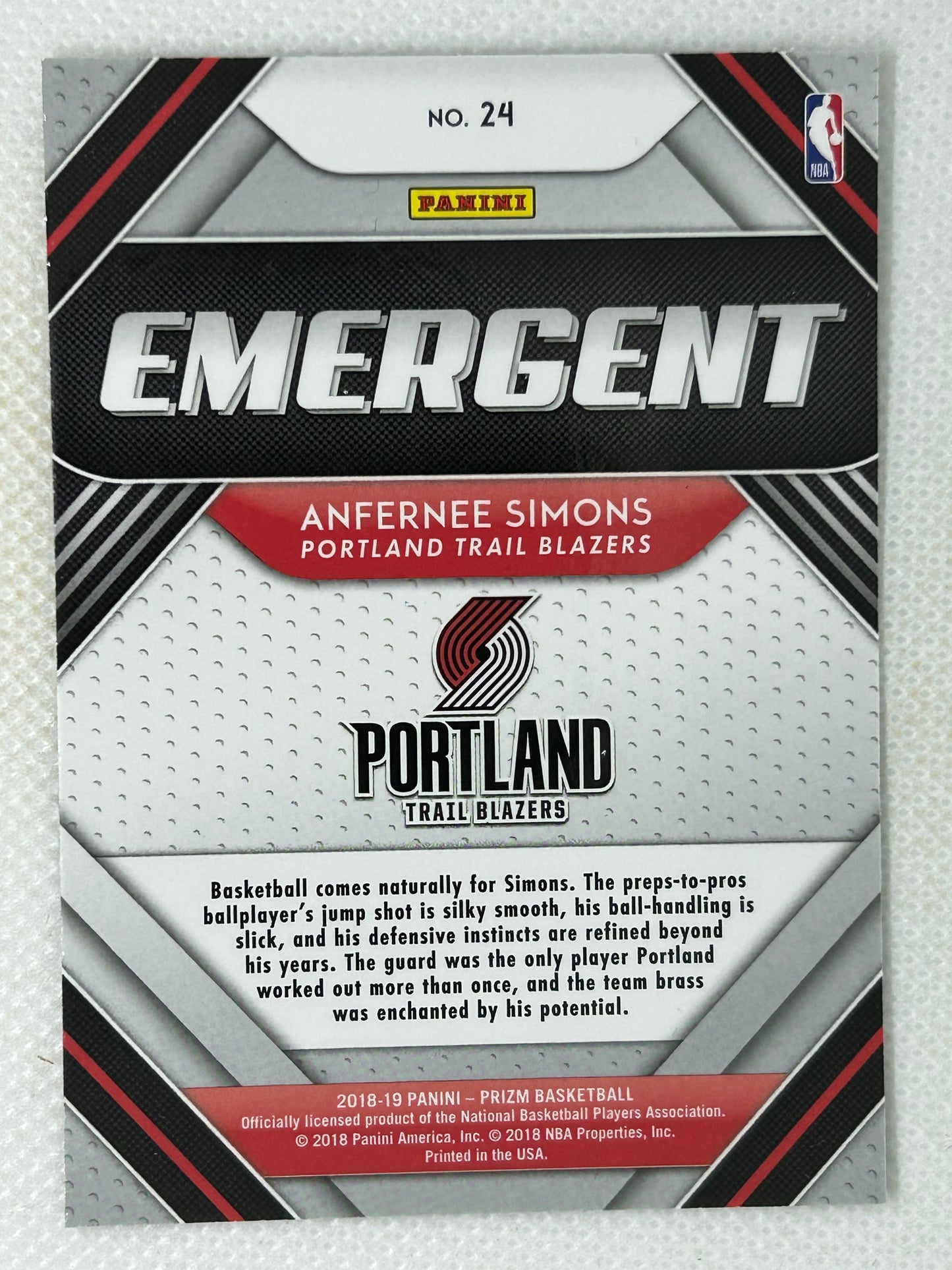 2018-19 Panini Prizm Emergent #24 Rookie Card Anfernee Simons Portland Trailblazers