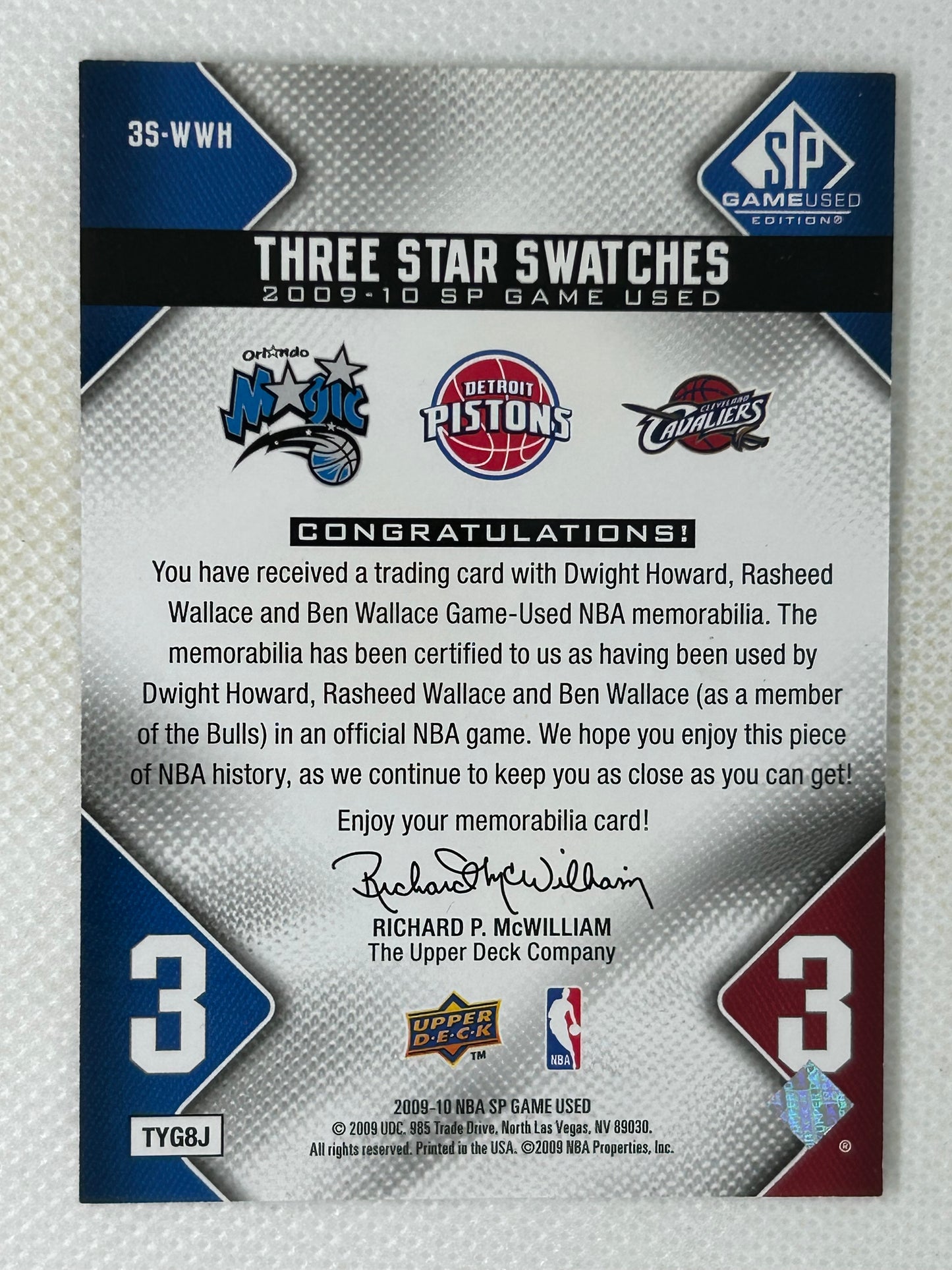 2009-10 Upper Deck SP Game Used Triple Jersey /299 Dwight Howard Rasheed Wallace Ben Wallace #3S-WWH
