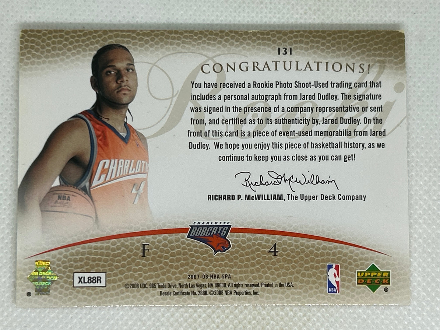 2007-08 SP Authentic Authentics /599 Jared Dudley #131 RPA Rookie Patch Autograph Charlotte Bobcats