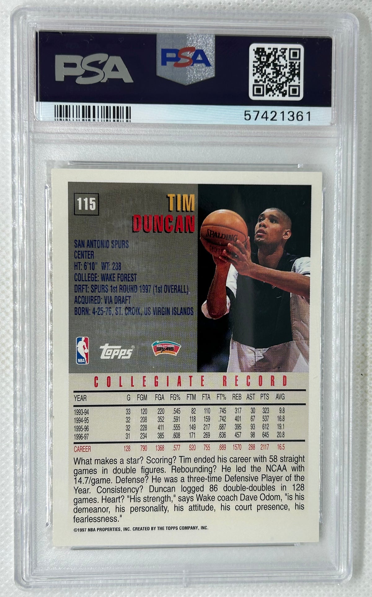 1997-98 Topps #115 Rookie Card Tim Duncan PSA 9 San Antonio Spurs