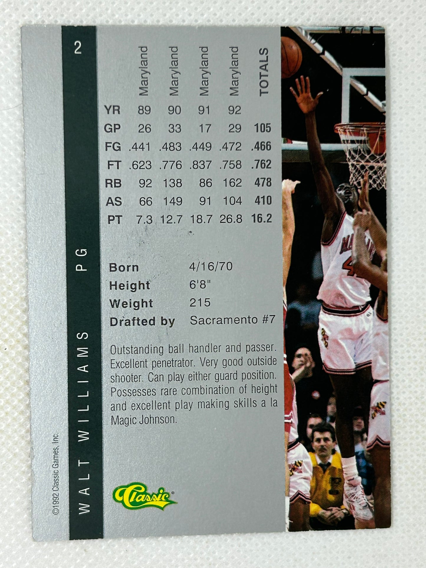1992 Classic 4 Sport Draft Walt Williams #2 Silver Sacramento Kings Signed Card