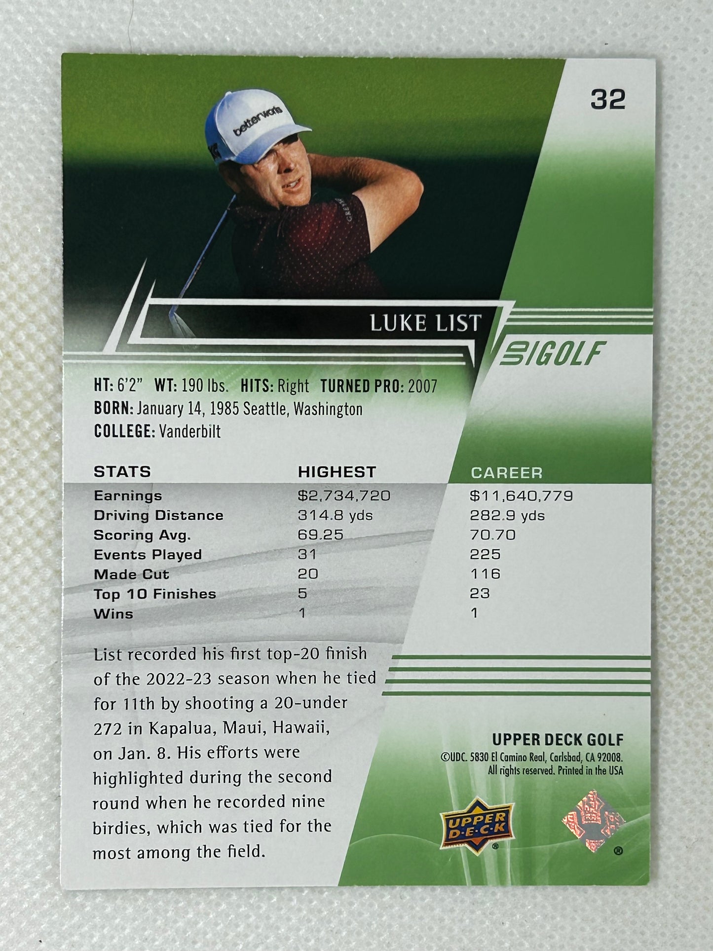 2024 Upper Deck Golf Luke List #32 Signed Card
