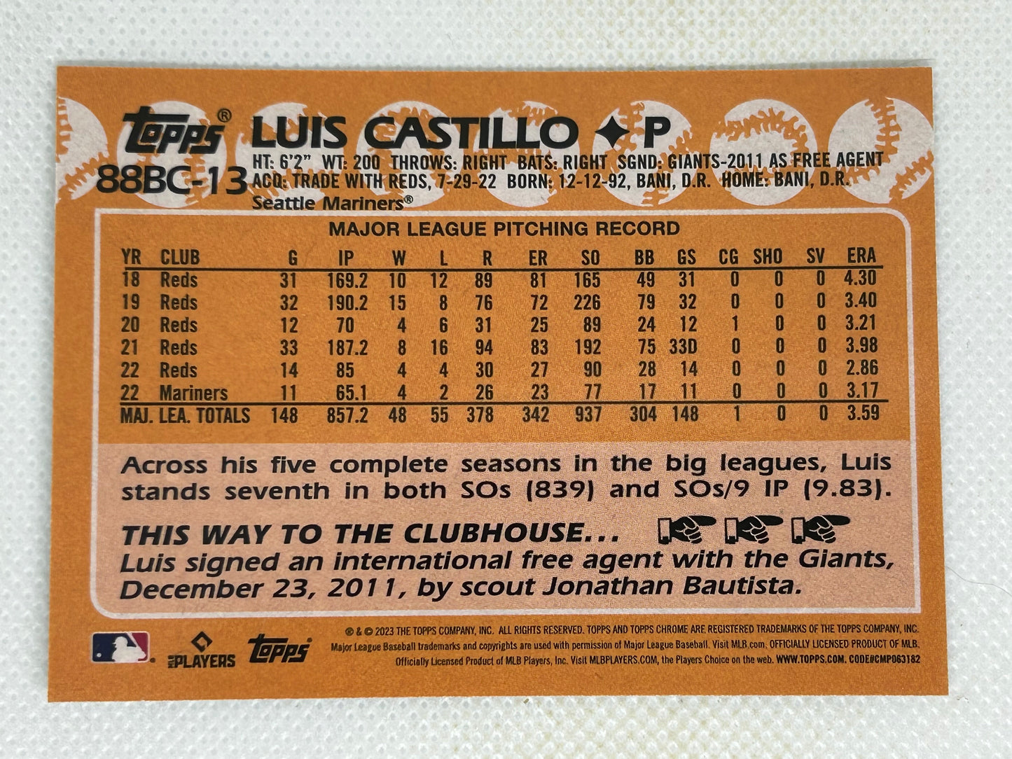 2023 Topps Chrome Refractor Luis Castillo 1988 Topps #88BC-13 Seattle Mariners Signed Card