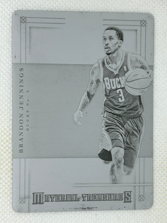2012-13 Panini National Treasures Material Treasures Printing Plate Black 1/1 Brandon Jennings #77 Milwaukee Bucks