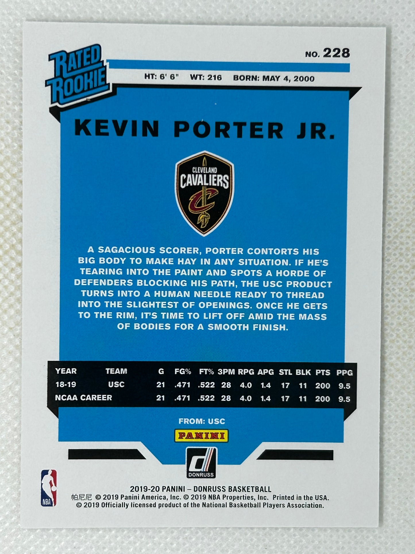2019-20 Panini Donruss Purple Press Proof Rated Rookie Card #228 Kevin Porter Jr /199 Cleveland Cavaliers