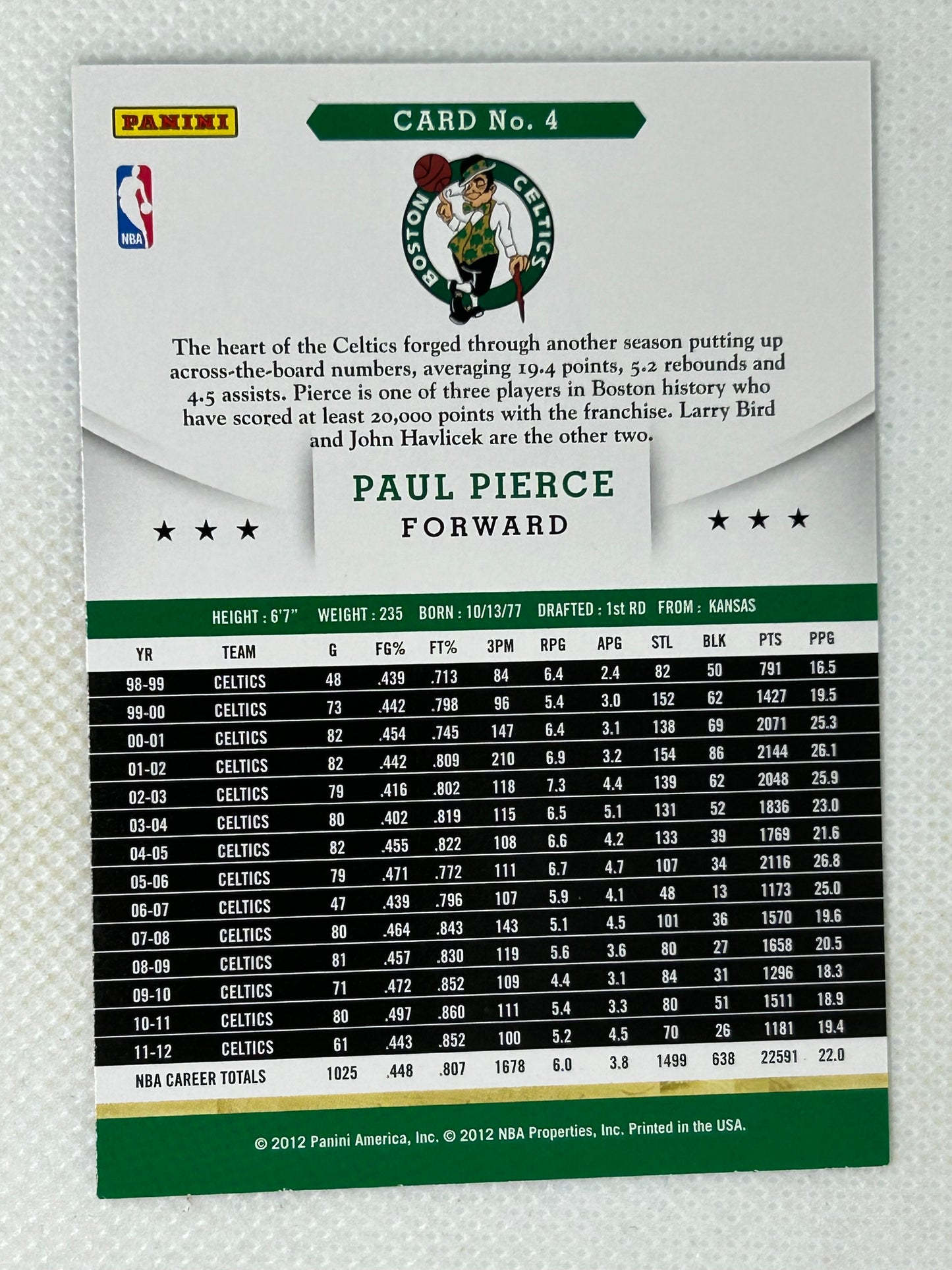 2012-13 NBA Hoops Paul Pierce #4 Boston Celtics