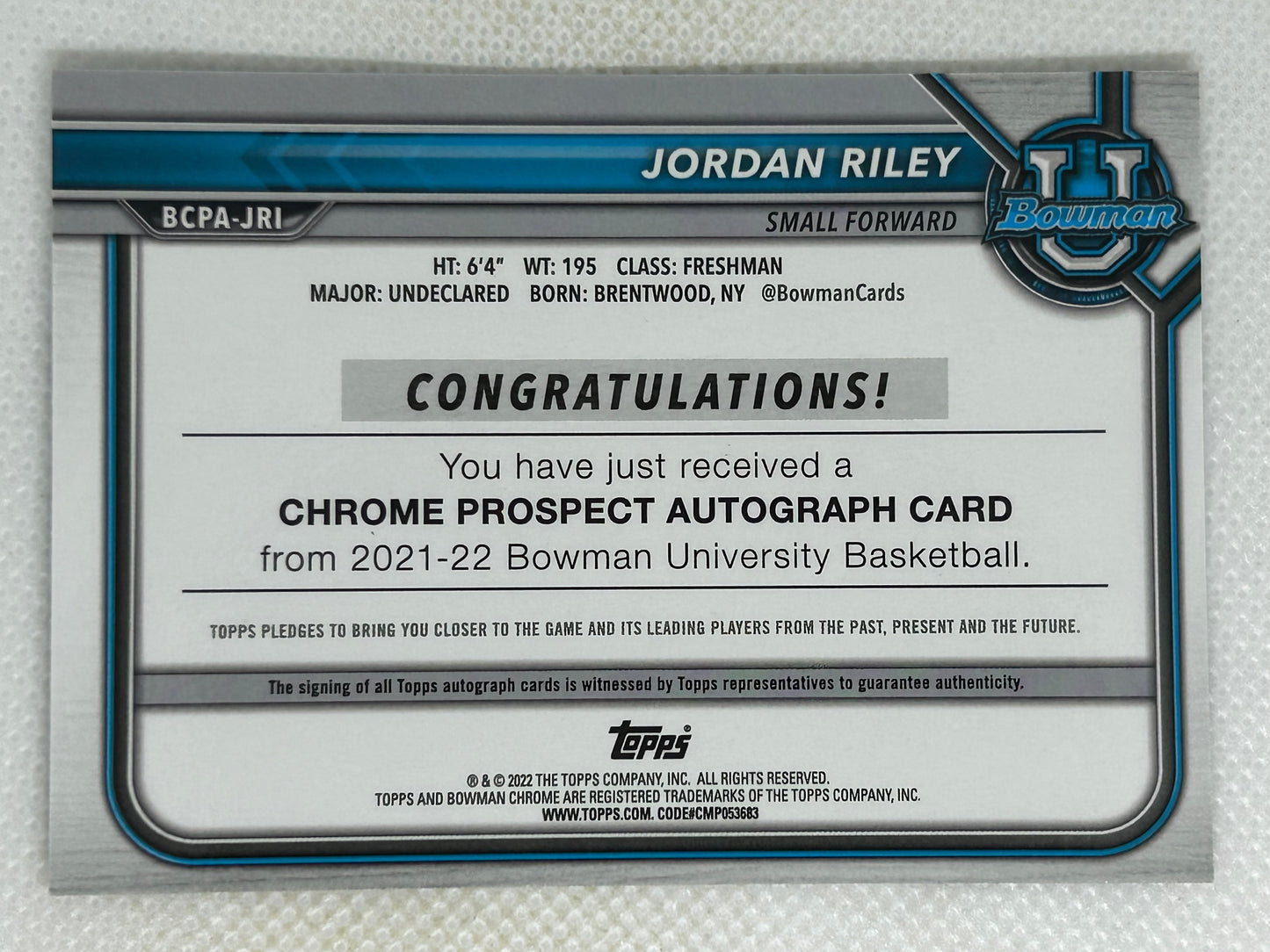 2021-22 Bowman U Chrome Refractor Prospect 1st Bowman Autograph Jordan Riley #BCPA-JRI