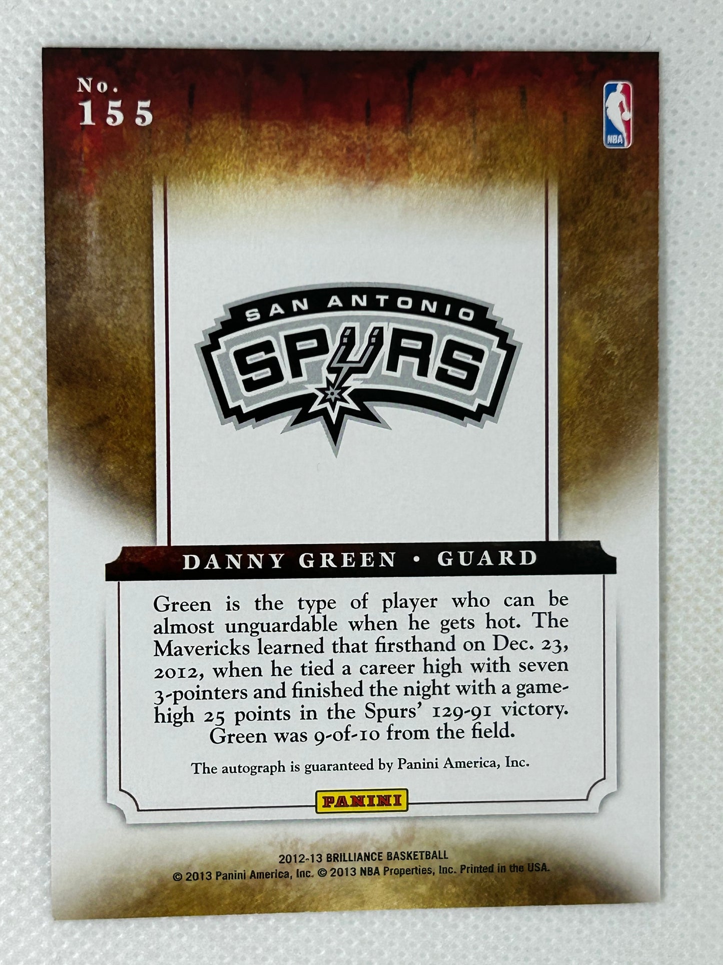 2012-13 Panini Brilliance Marks of Brilliance Autograph /199 Danny Green #155 San Antonio Spurs