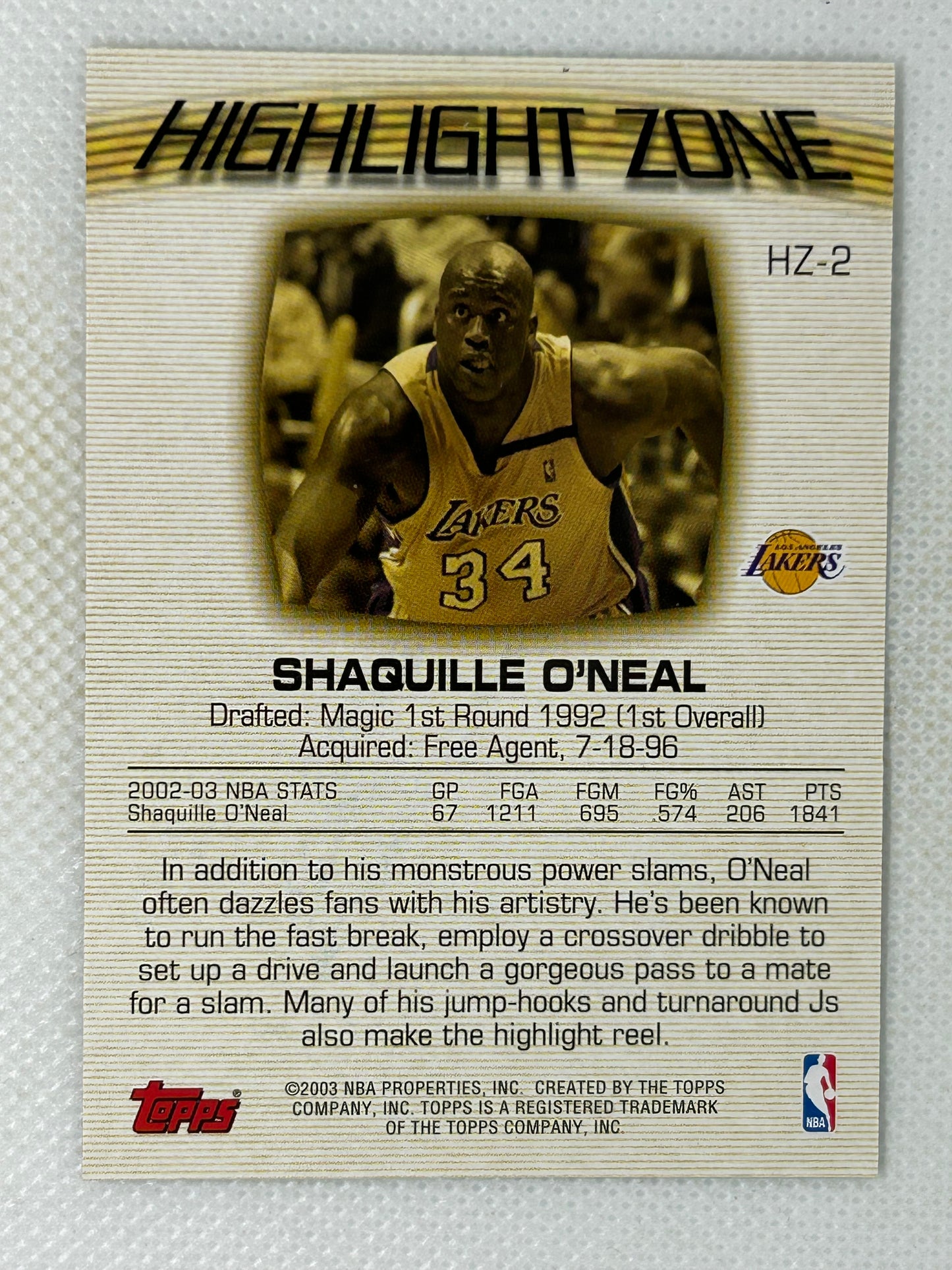 2003-04 Topps Highlight Zone #HZ-2 Shaquille O'Neal Los Angeles Lakers Signed Card