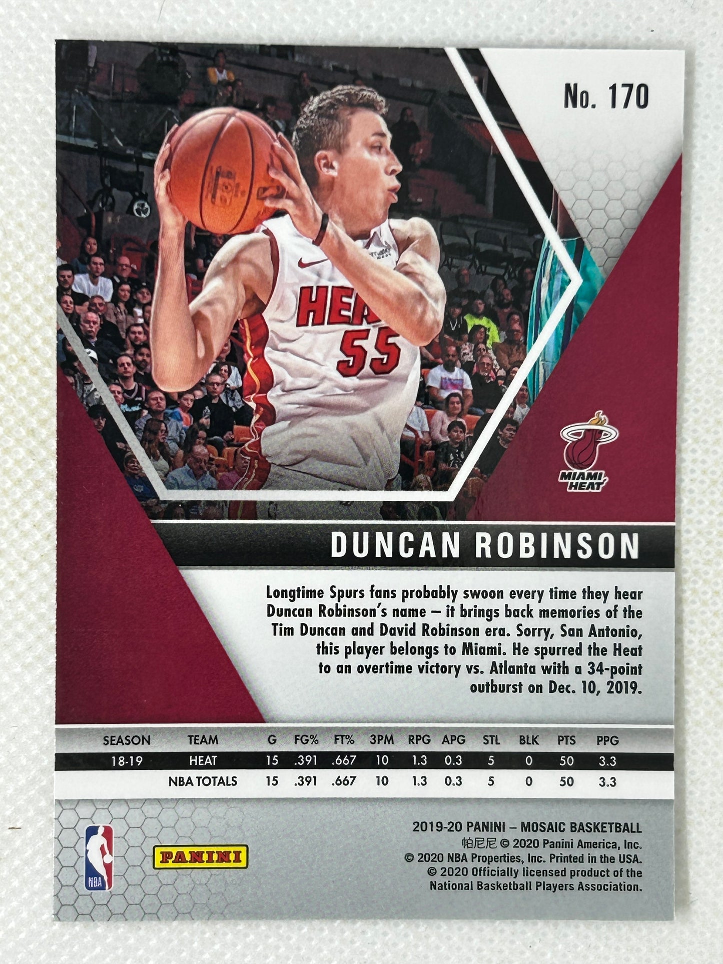 2019-20 Panini Mosaic Rookie #170 Duncan Robinson Miami Heat Signed Card