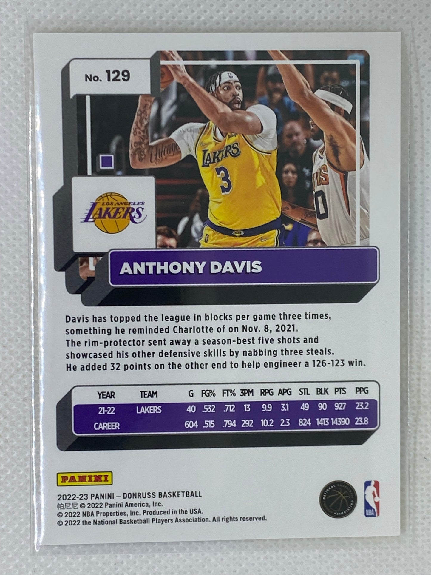 2022-23 Panini Donruss Yellow Flood Anthony Davis #129 Los Angeles Lakers