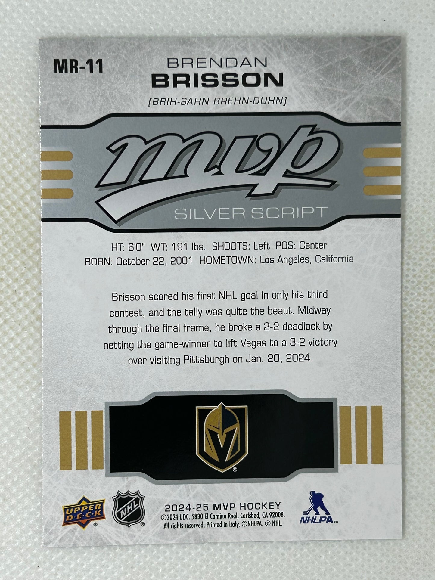 2024-25 Upper Deck MVP - Silver Script Brendan Brisson MR-11 Las Vegas Knights