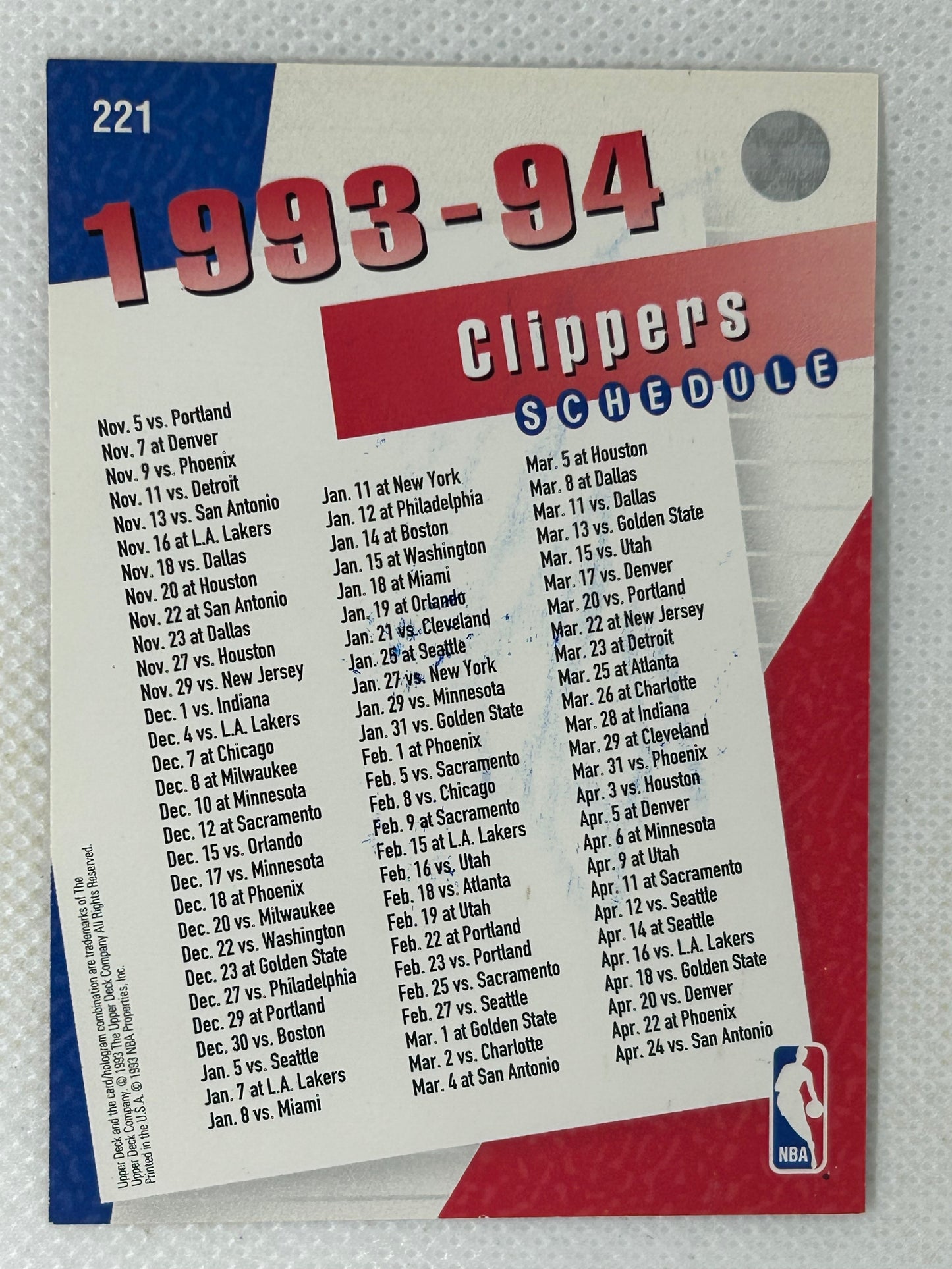 1993-94 Upper Deck Basketball Team Schedule #221 Los Angeles Clippers Bob Weiss Signed Card