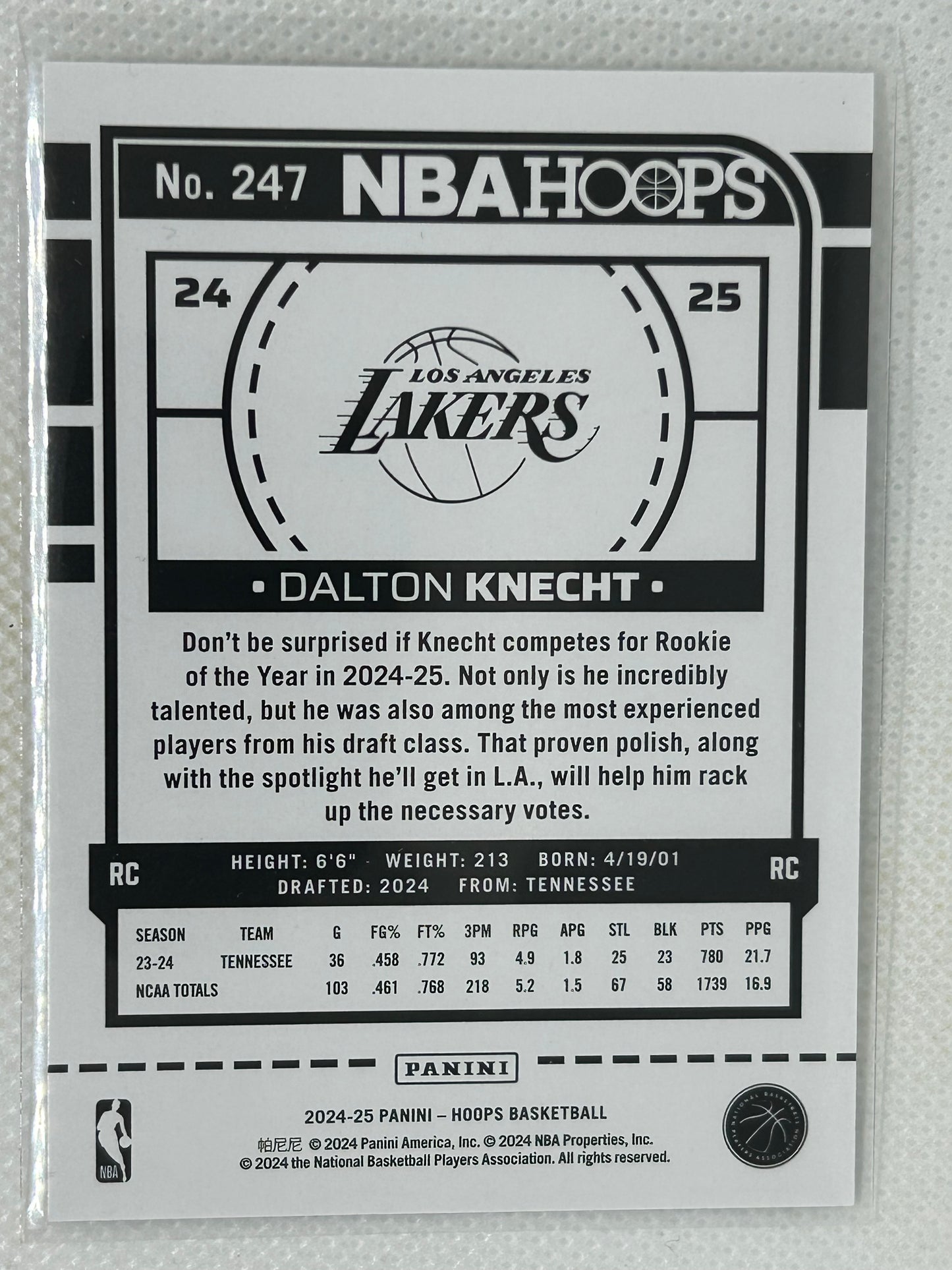 2024-25 Panini NBA Hoops #247 Dalton Knecht Rookie Card Los Angeles Lakers