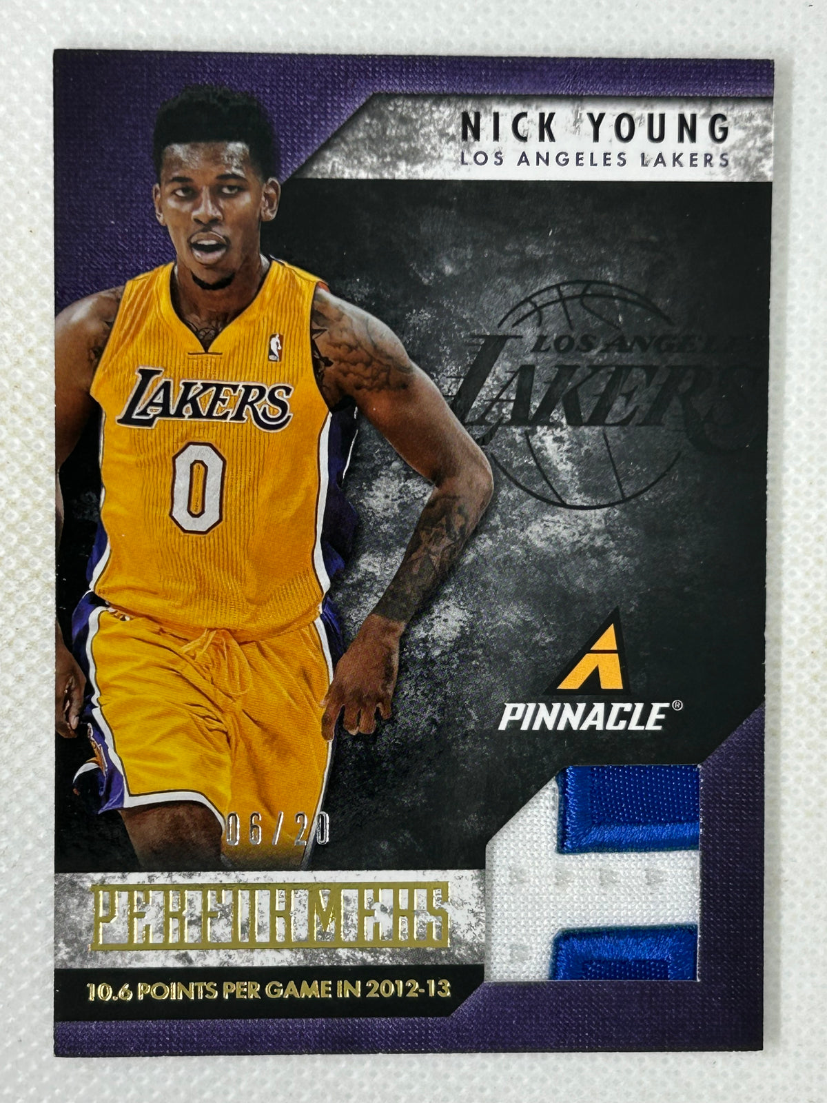 2013-14 Panini Pinnacle Performers Prime Patch #6 Nick Young /20 Los Angeles Lakers