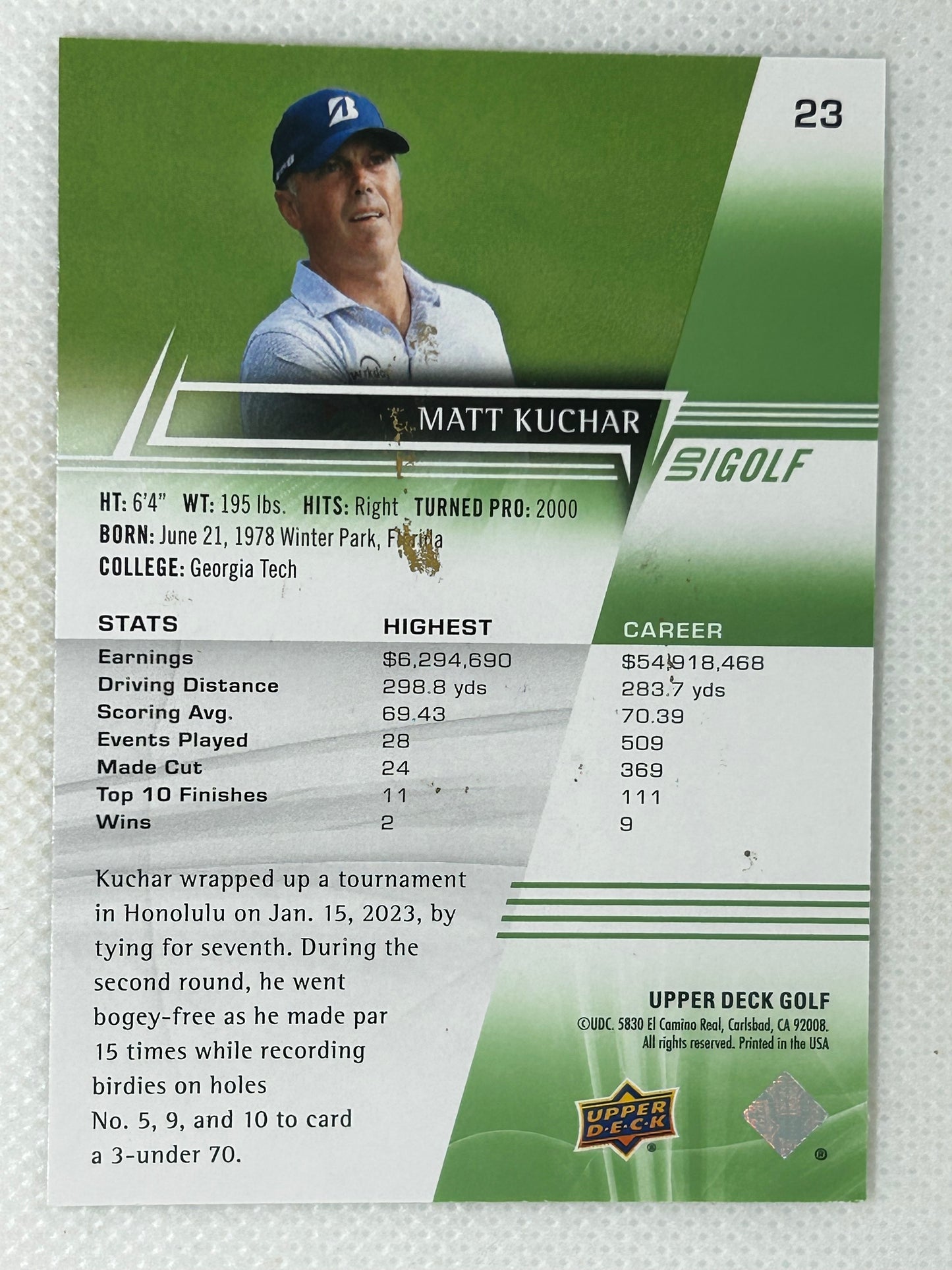 2024 Upper Deck Golf #23 Matt Kuchar Gold Ink Signed Card