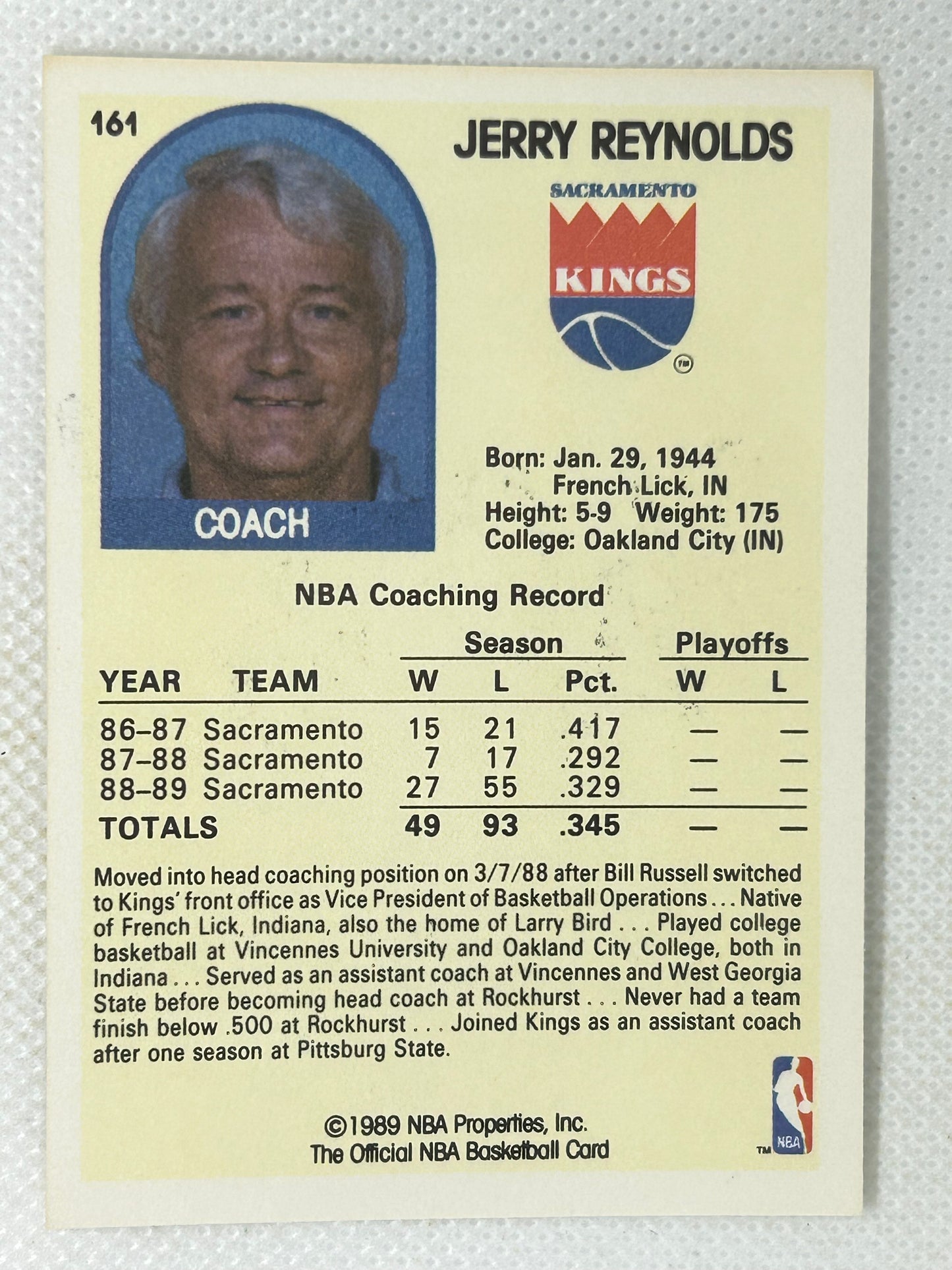 1989-90 NBA Hoops #161 Jerry Reynolds Sacramento Kings Signed Card