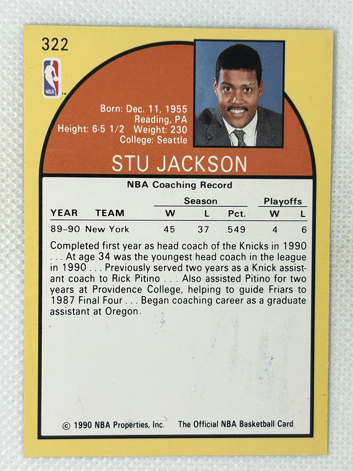 1990-91 NBA Hoops #322 Stu Jackson New York Knicks Signed Card