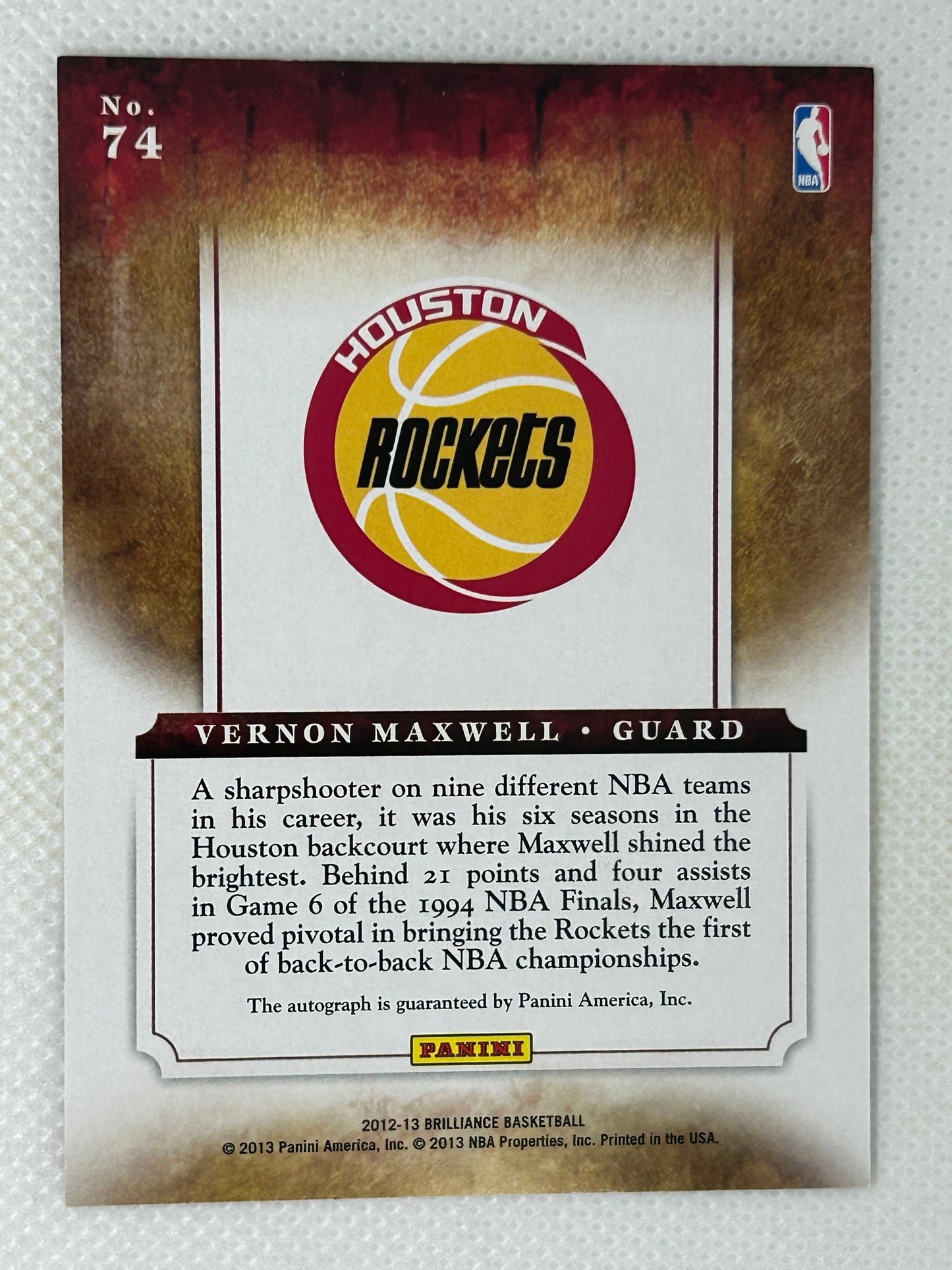 2012-13 Panini Brilliance Marks of Brilliance Autograph /199 Vernon Maxwell #74 Houston Rockets