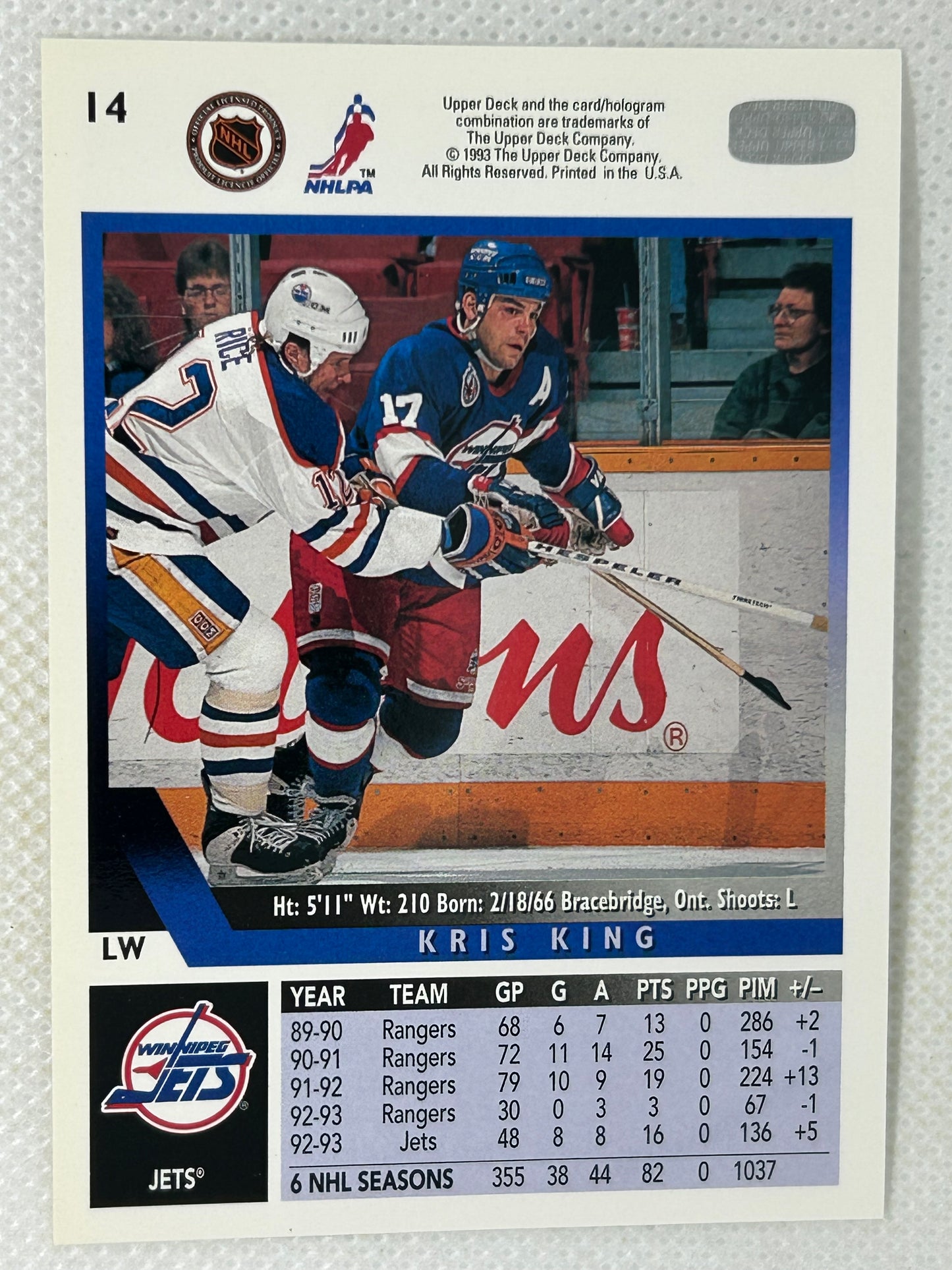 1993-94 Upper Deck #14 Kris King Winnipeg Jets Signed Card