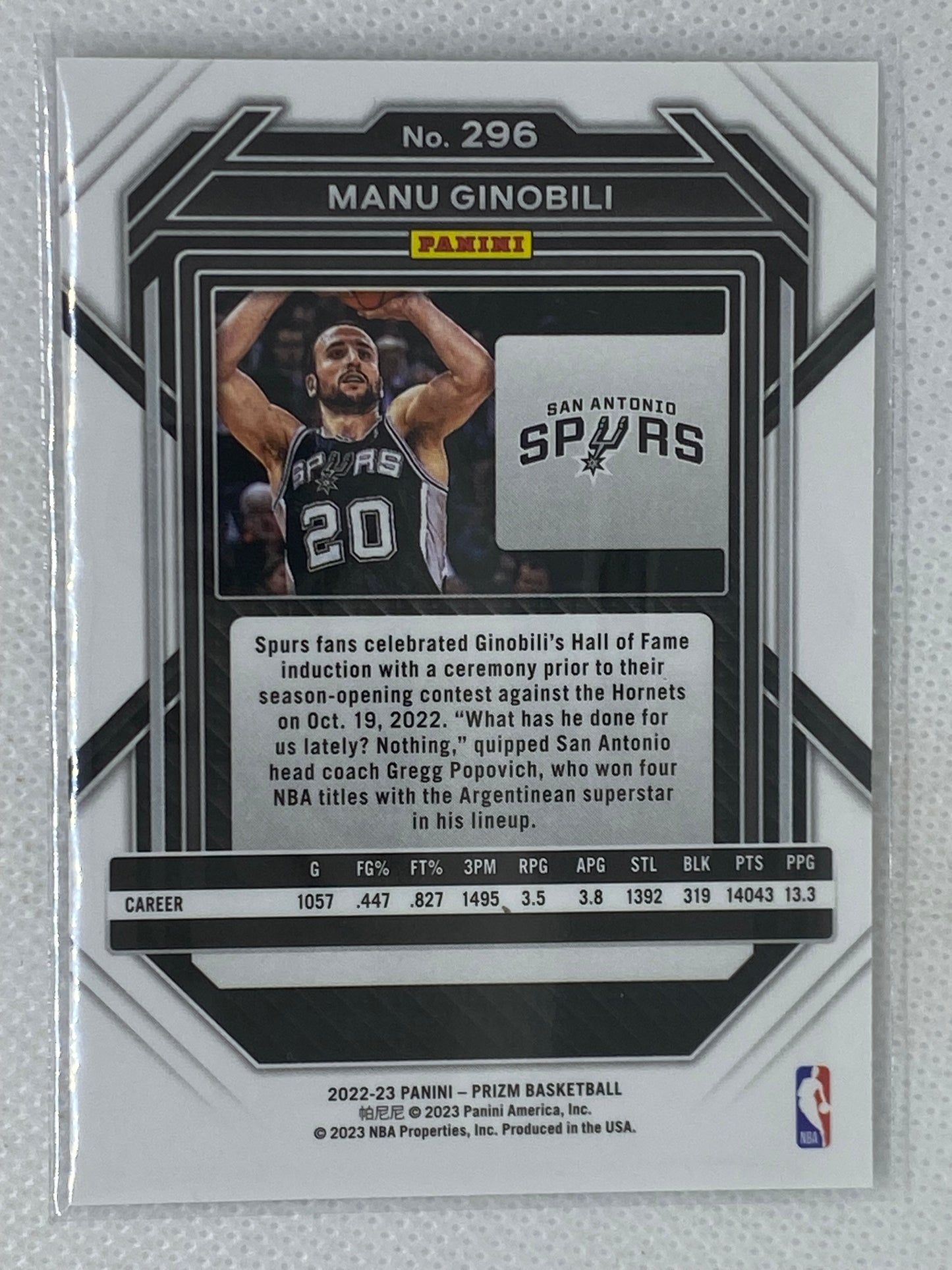 2022-23 Panini Prizm Base Manu Ginobili #296 San Antonio Spurs