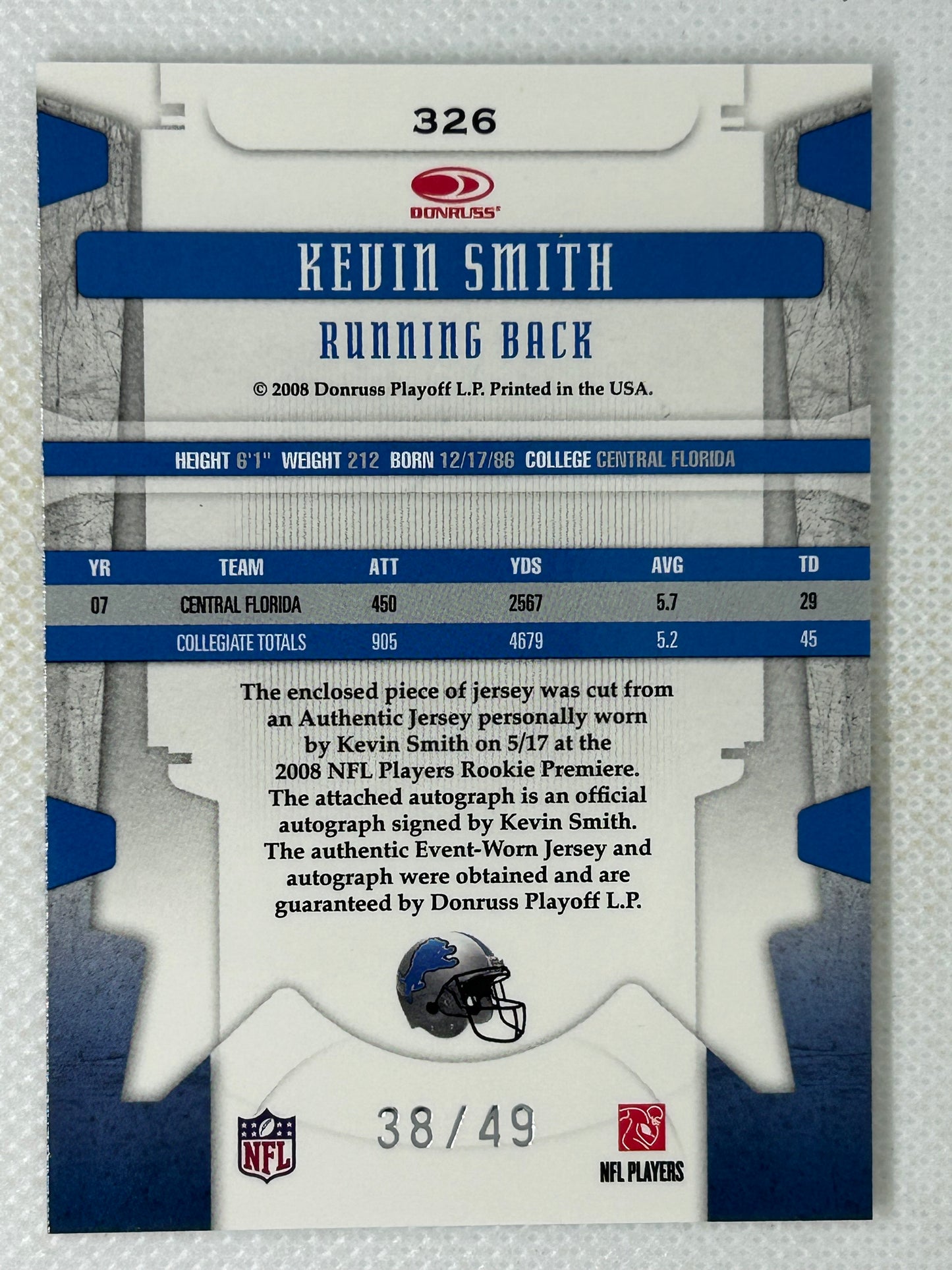 2008 Leaf Limited Phenoms Spotlight Silver Rookie /49 Kevin Smith #326 Detroit Lions