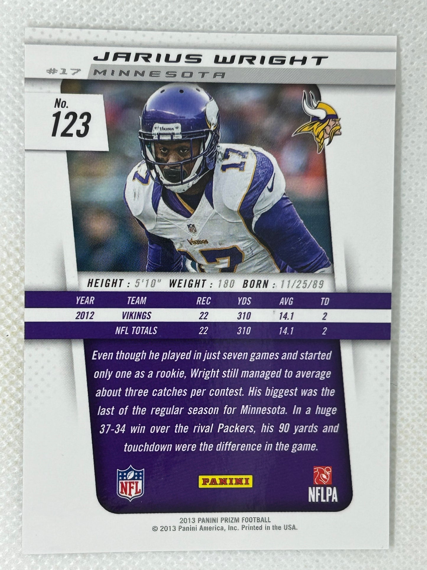 2013 Panini Prizm Jarius Wright #123 Minnesota Vikings Signed Card