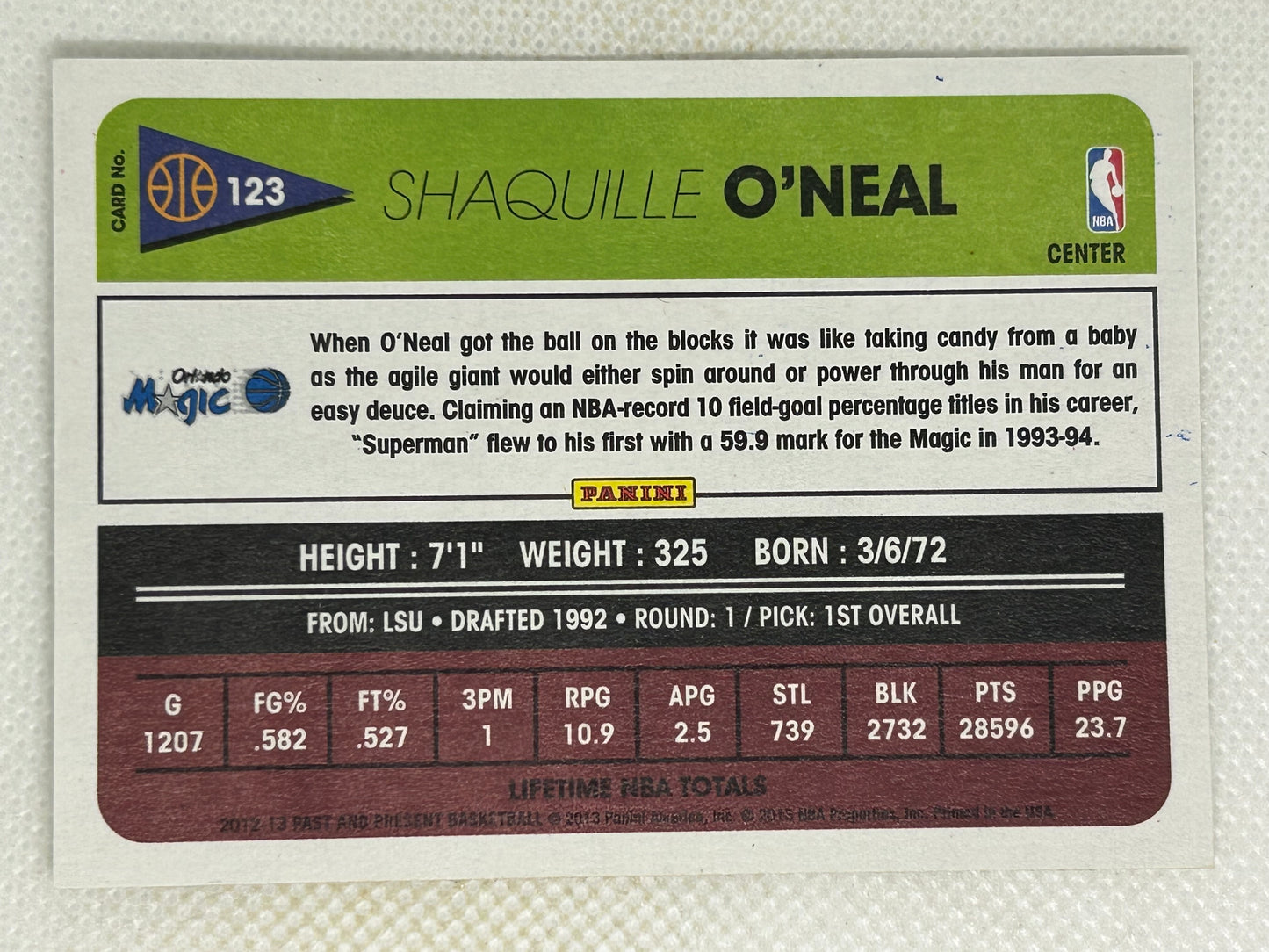 2012-13 Panini Past & Present #123 Shaquille O'Neal Orlando Magic Signed Card