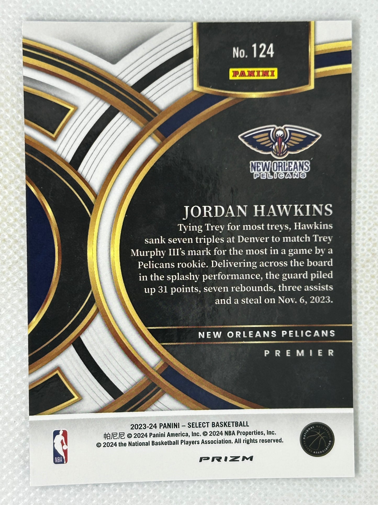 2023-24 Panini Select Premier Blue Silver Prizm #124 Jordan Hawkins New Orleans Pelicans