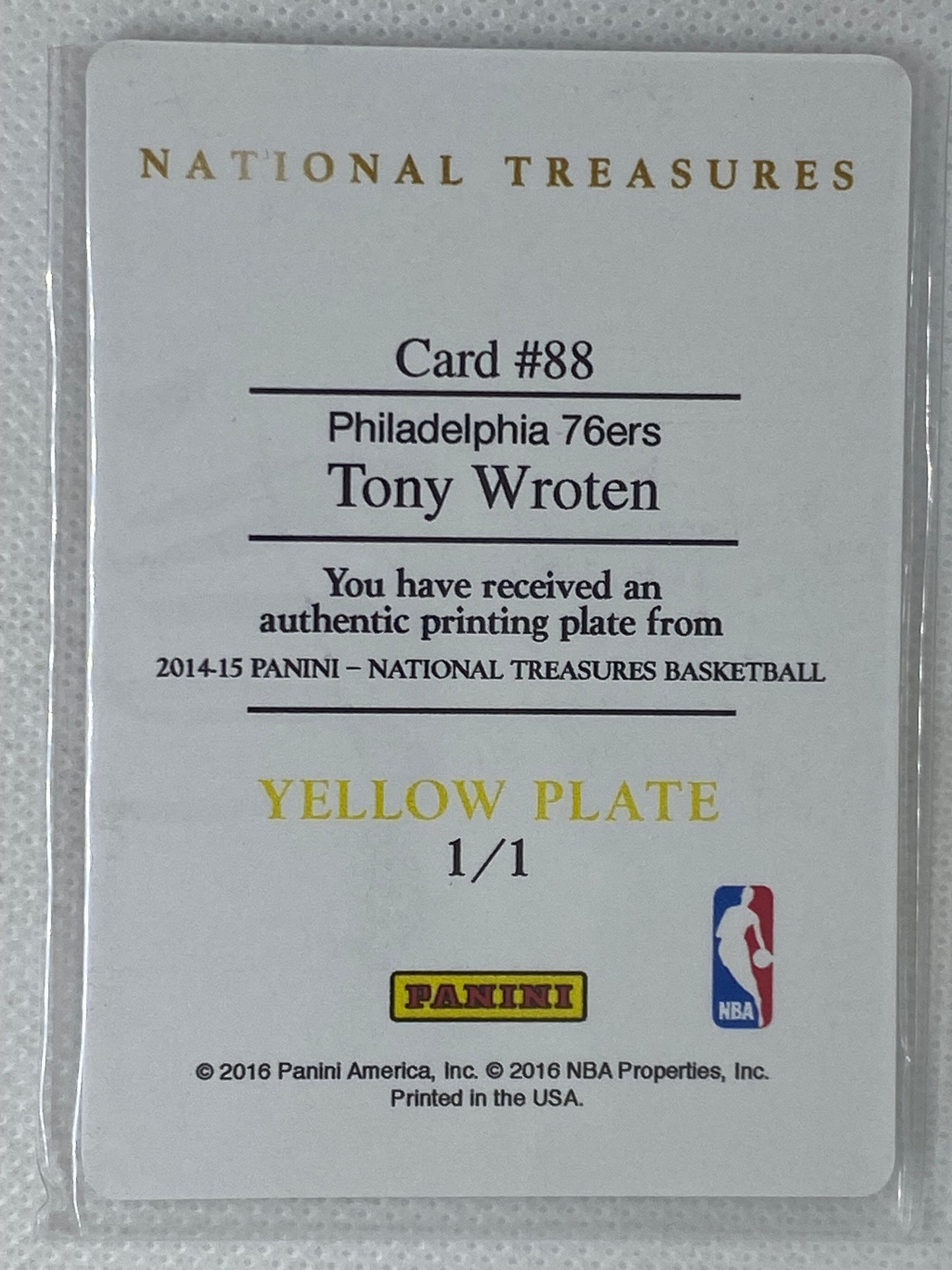 2014-15 Panini National Treasures Yellow Printing Plate Tony Wroten #88 With Base Included