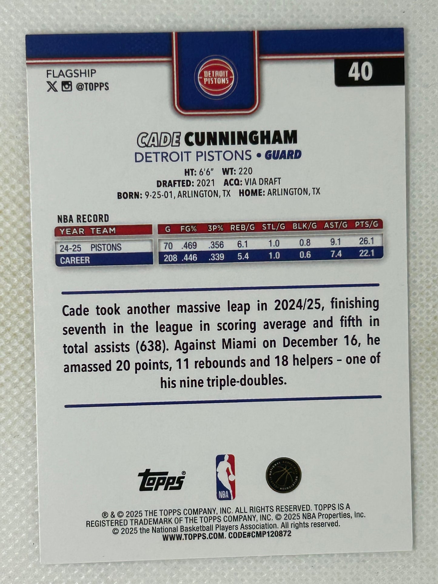2025-26 Topps Flagship Holofoil Card #40 Cade Cunningham Detroit Pistons
