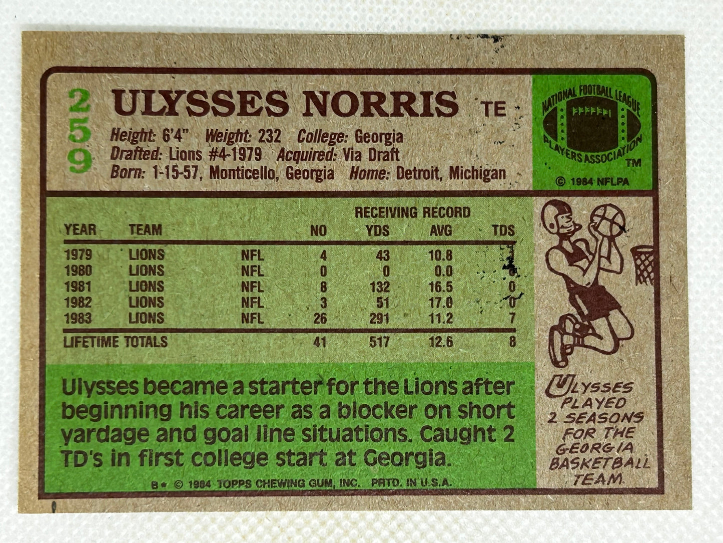 1984 Topps #259 Ulysses Norris Detroit Lions Signed Card
