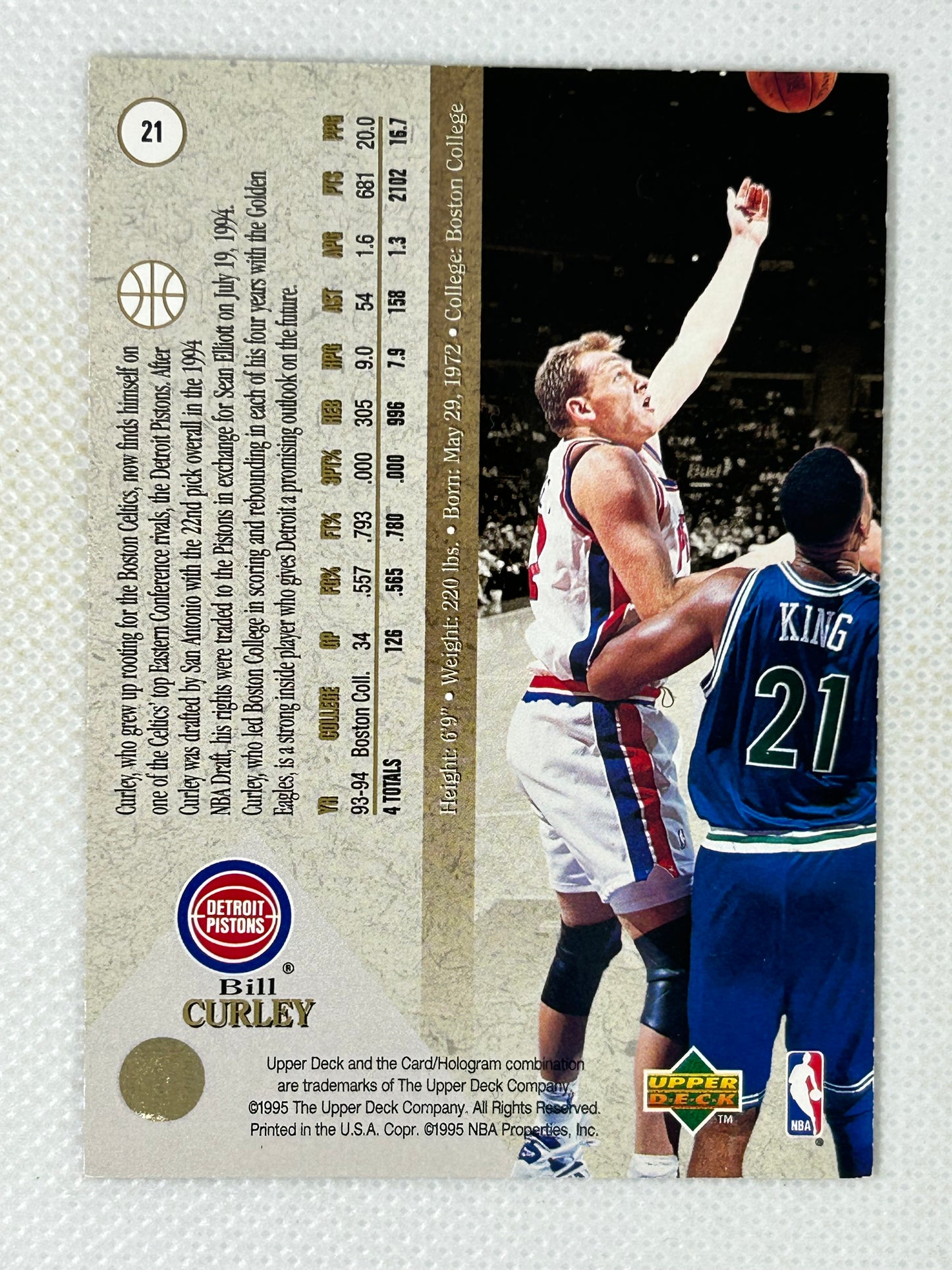1994-95 SP Premier Prospects Bill Curley #21 Rookie Card Detroit Pistons Signed Card