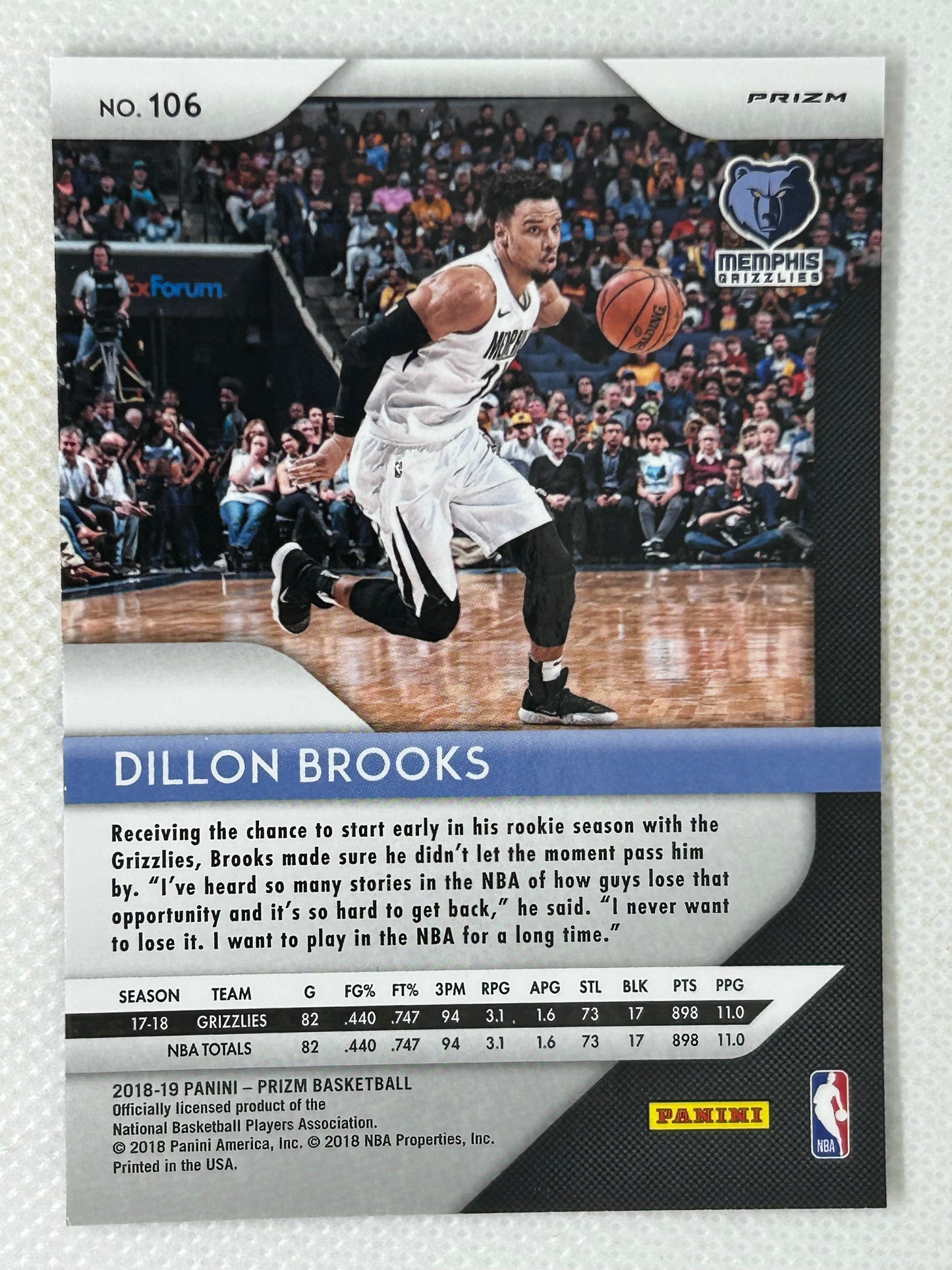 2018-19 Panini Prizm Red White & Blue Dillon Brooks #106 Memphis Grizzlies