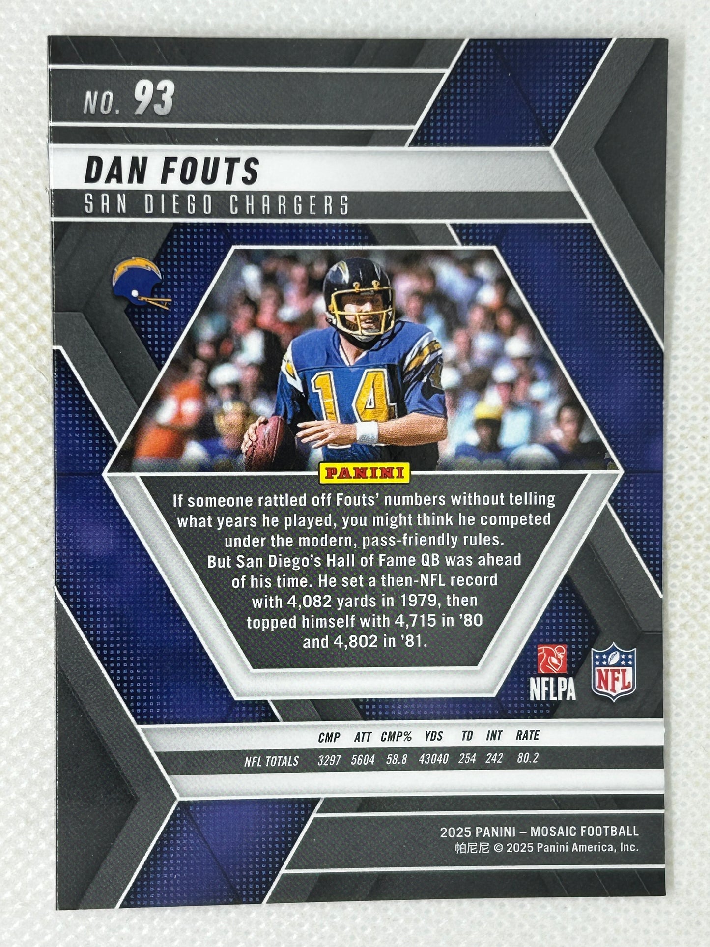 2025 Panini Mosaic Dan Fouts #93 San Diego Chargers Signed Card