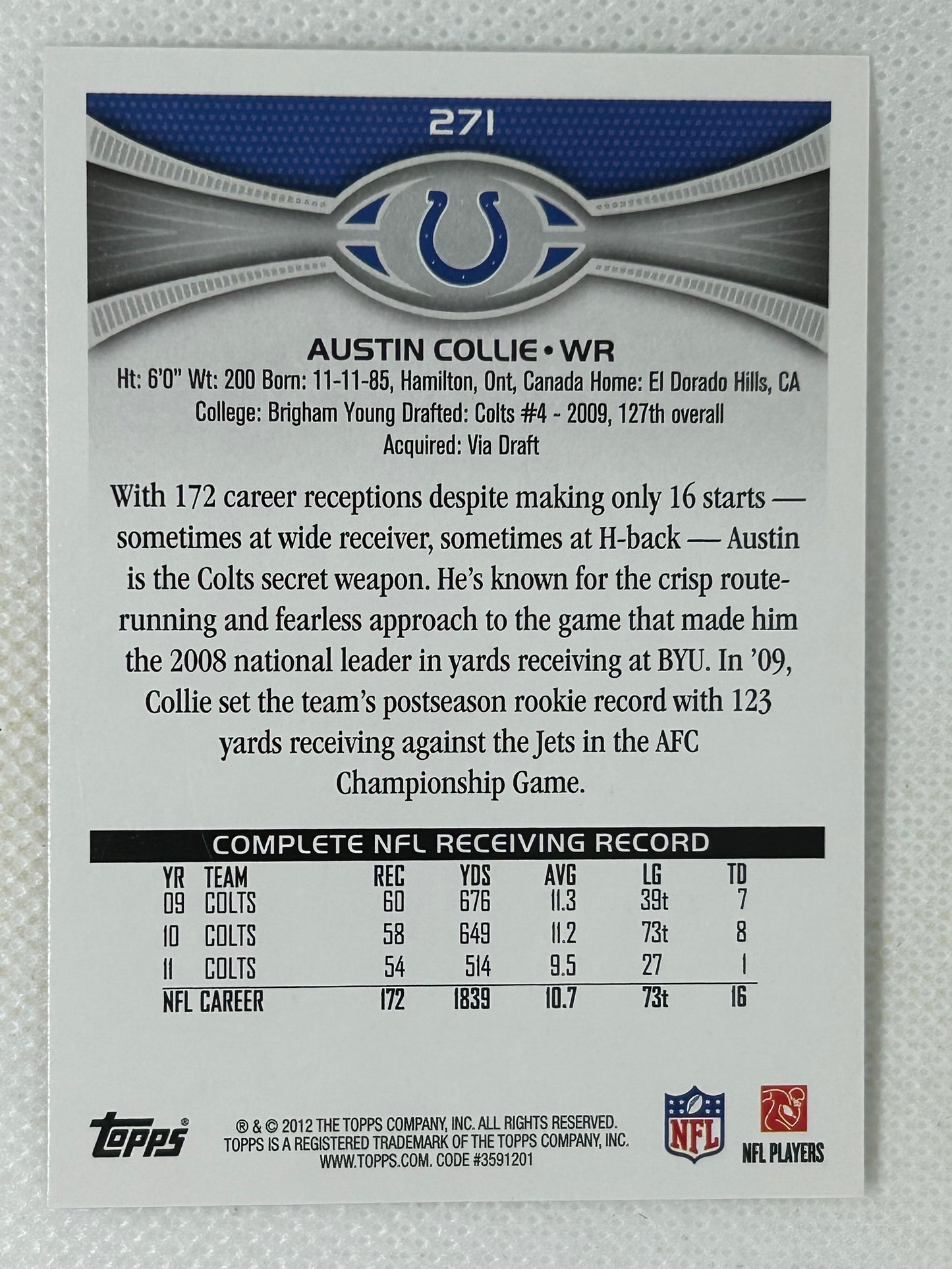 2012 Topps Austin Collie #271 Indianapolis Colts Signed Card