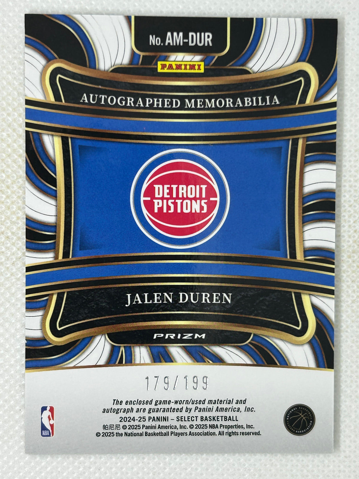 2024-25 Panini Select Autograph Memorabilia #AM-DUR /199 Jalen Duren Detroit Pistons