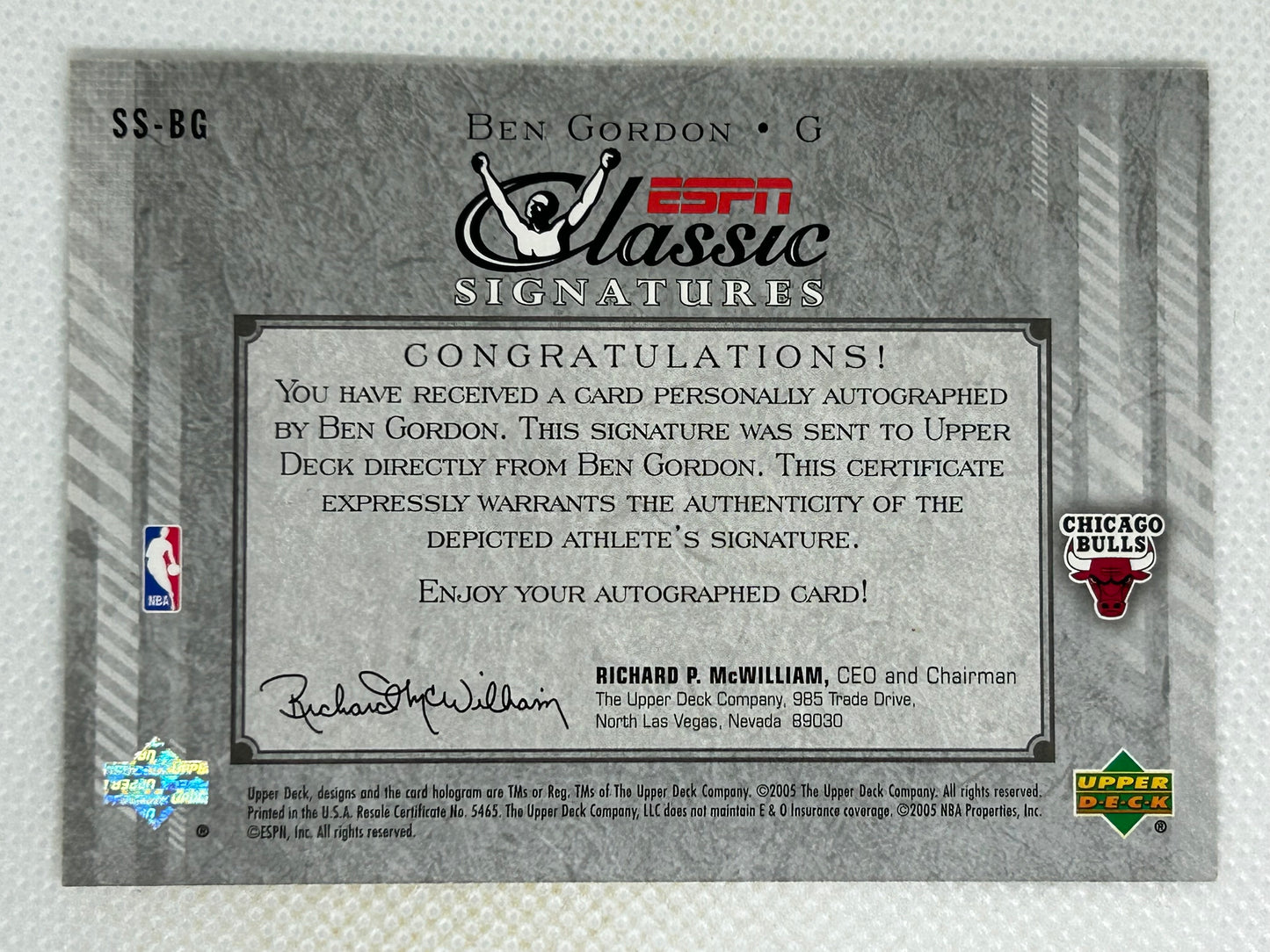 2004-05 Upper Deck ESPN Classic Signatures Rookie Ben Gordon #SS-BG Chicago Bulls