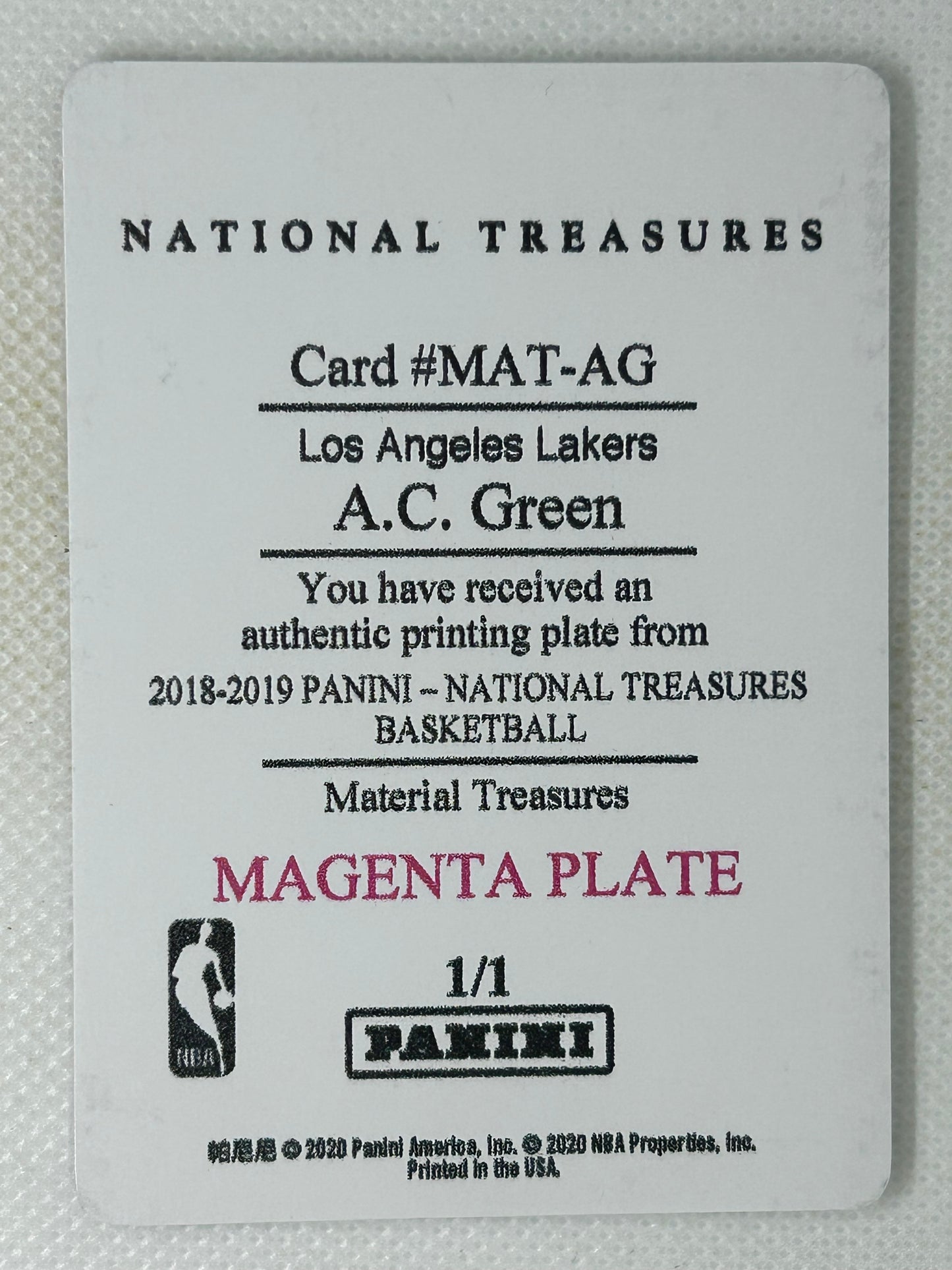 2018-19 Panini National Treasures Material Treasures Magenta Printing Plate A.C. Green #MAT-AG 1/1 Los Angeles Lakers