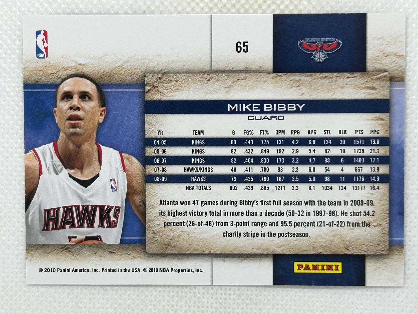 2009-10 Panini Studio Mike Bibby #65 Atlanta Hawks Signed Card
