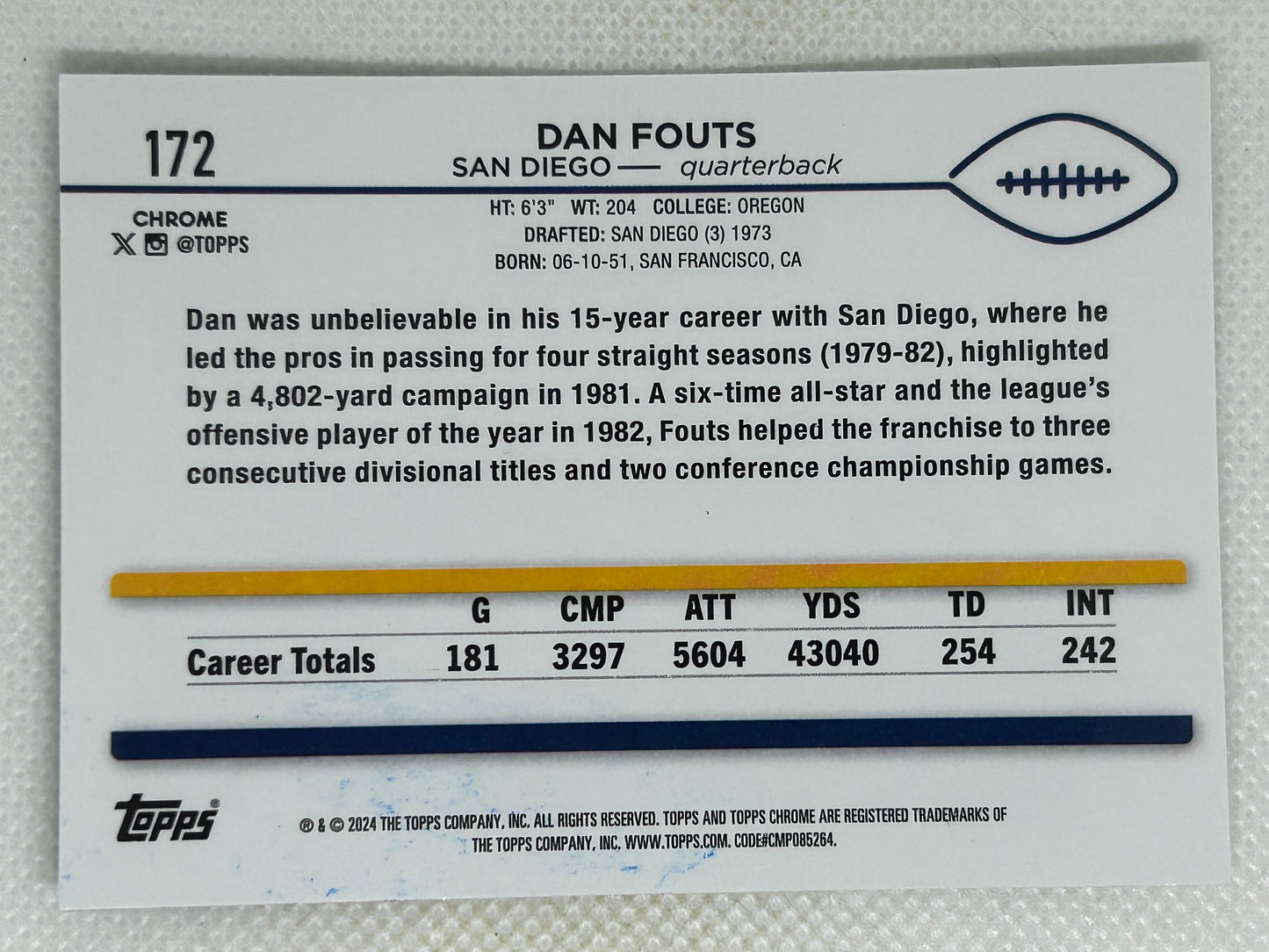 2024 Topps Chrome #172 Dan Fouts San Diego Chargers Signed Card