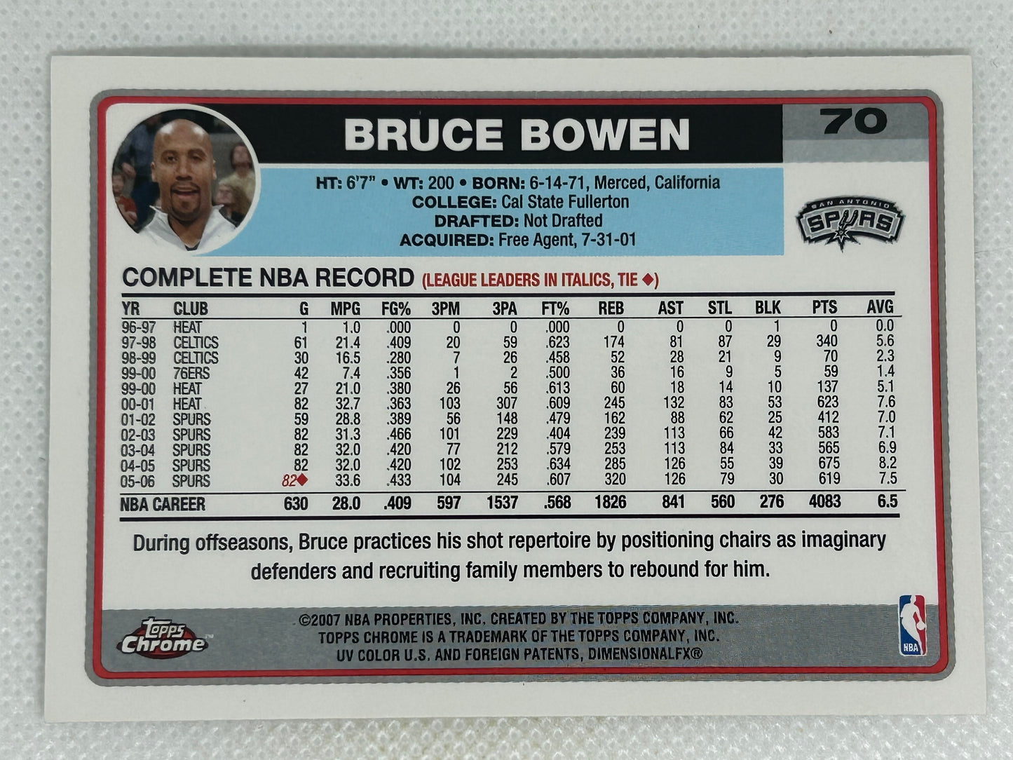 2006-07 Topps Chrome Bruce Bowen #70 San Antonio Spurs Signed Card