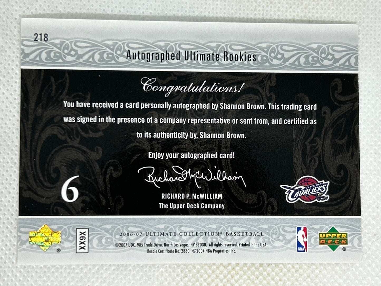 2006-07 Ultimate Collection Rookie Autograph /350 Shannon Brown #218 Cleveland Cavaliers