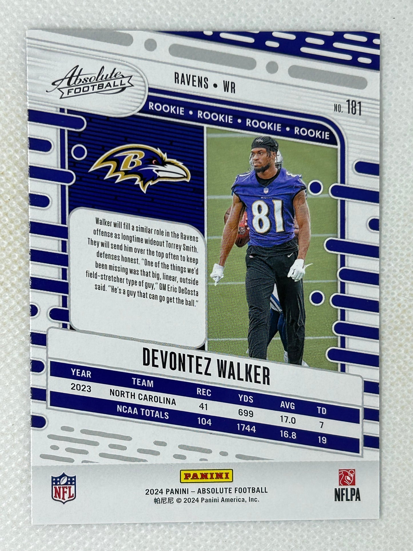 2024 Panini Absolute Rookie Devontez Walker #181 Baltimore Ravens