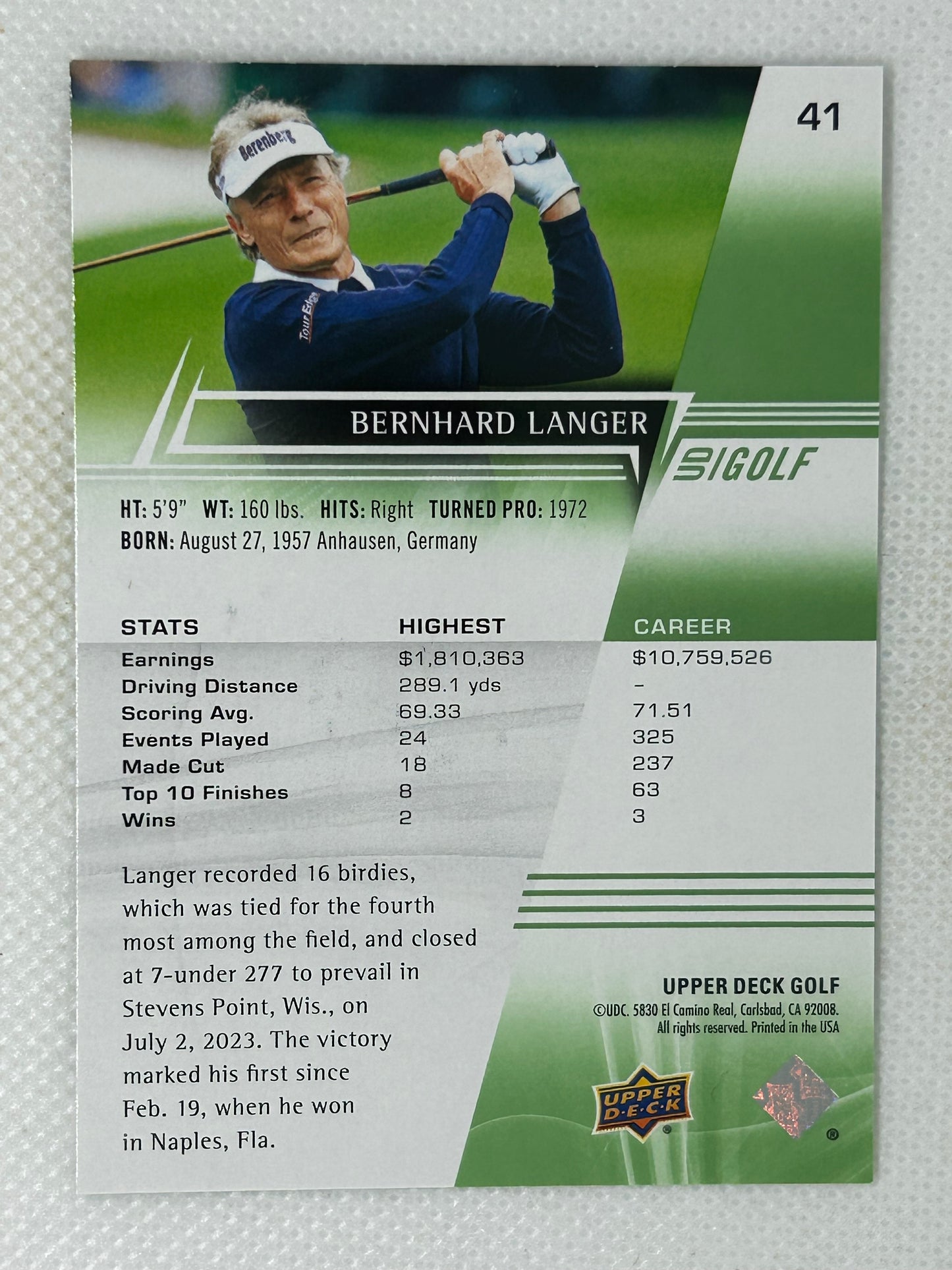 2024 Upper Deck Golf #41 Bernhard Langer Signed Card