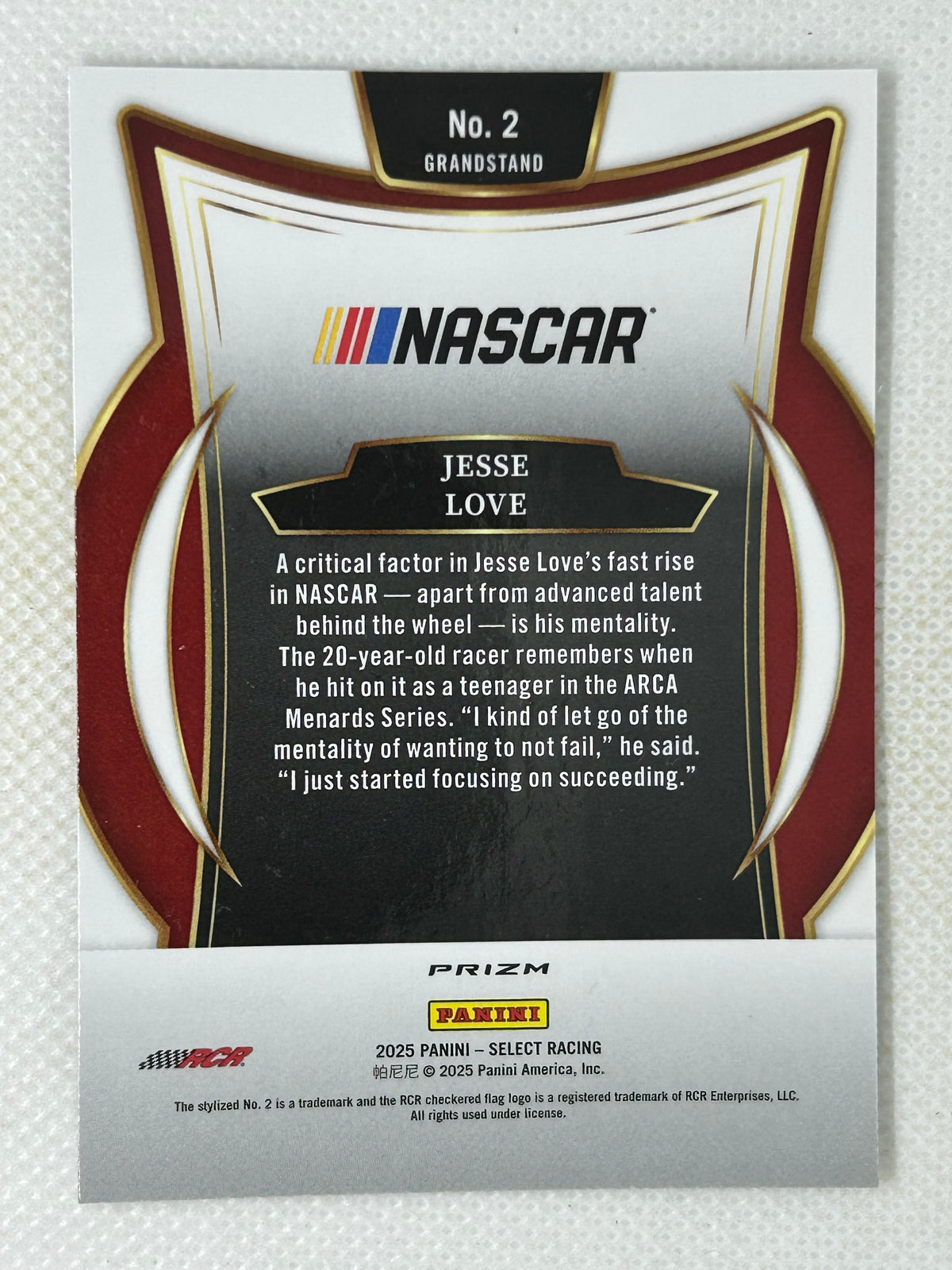 2025 Panini Select Racing Grandstand Silver Prizm #2 Jesse Love Signed Card