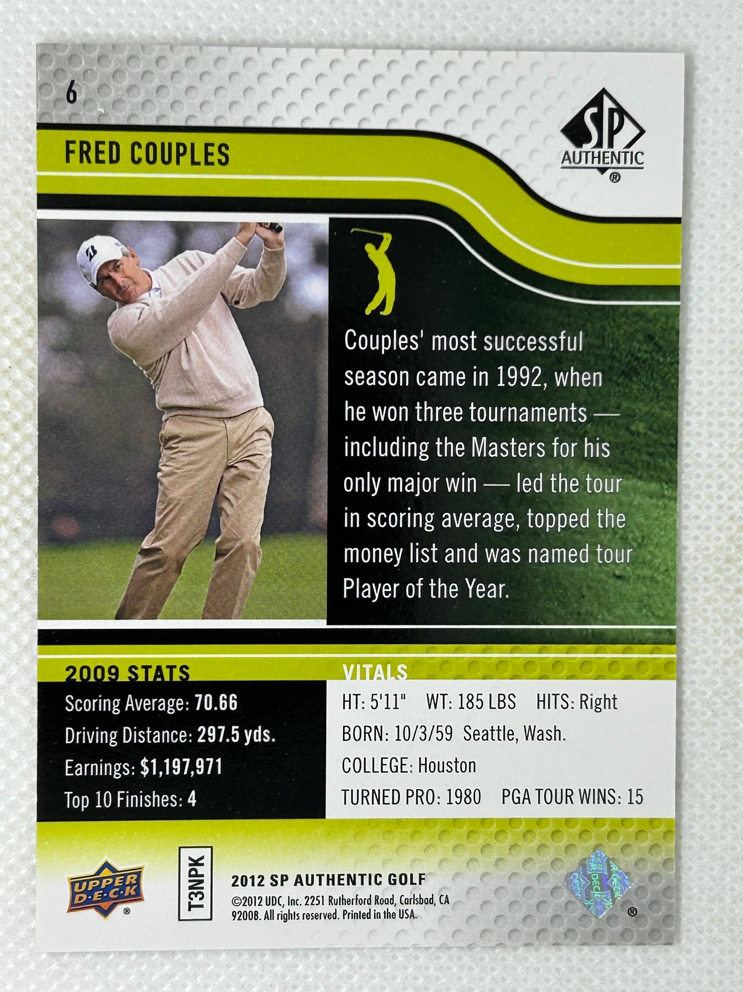 2012 Upper Deck SP Authentic #6 Fred Couples Signed Card