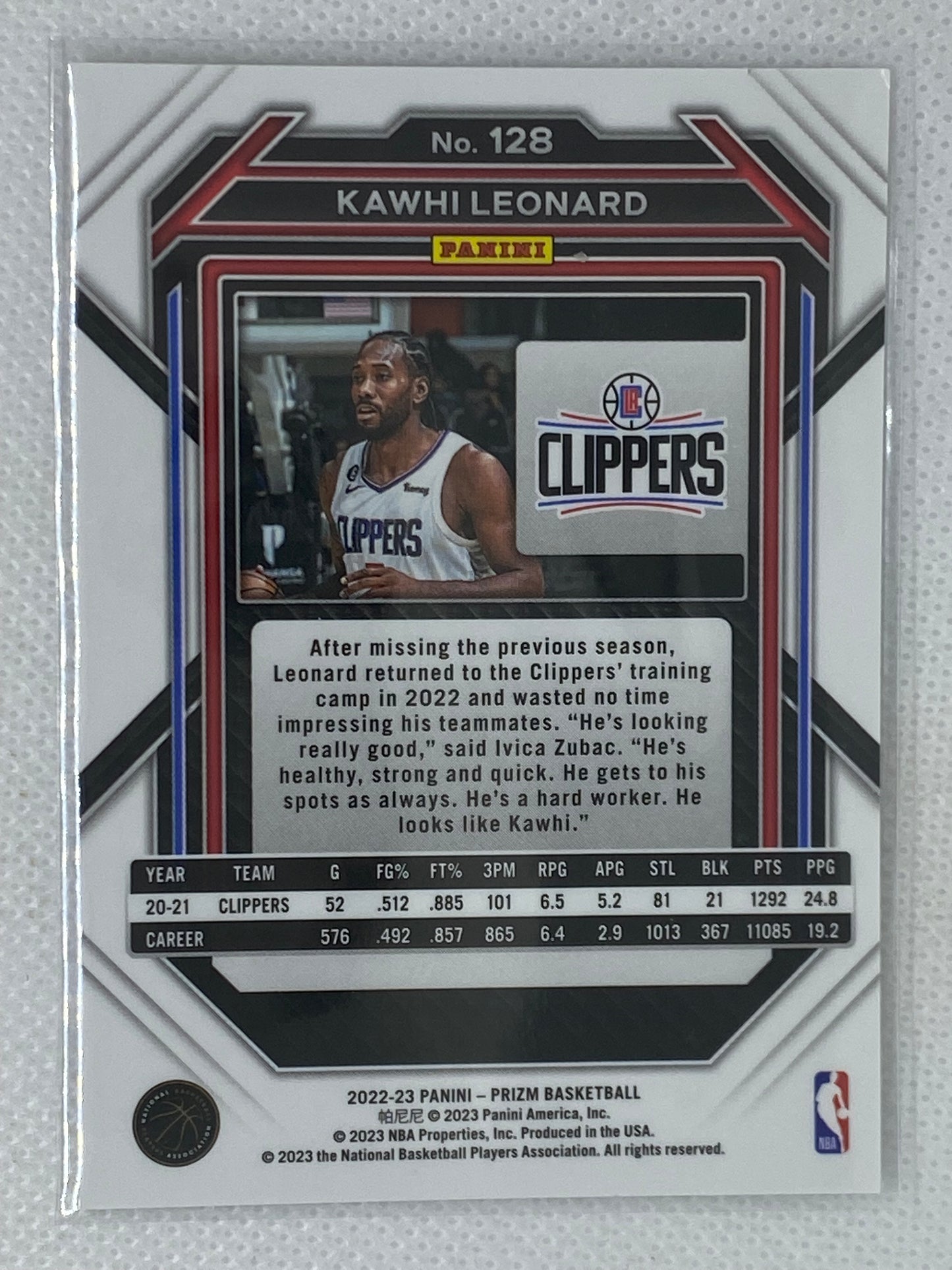 2022-23 Panini Prizm Base Kawhi Leonard #128 Los Angeles Clippers
