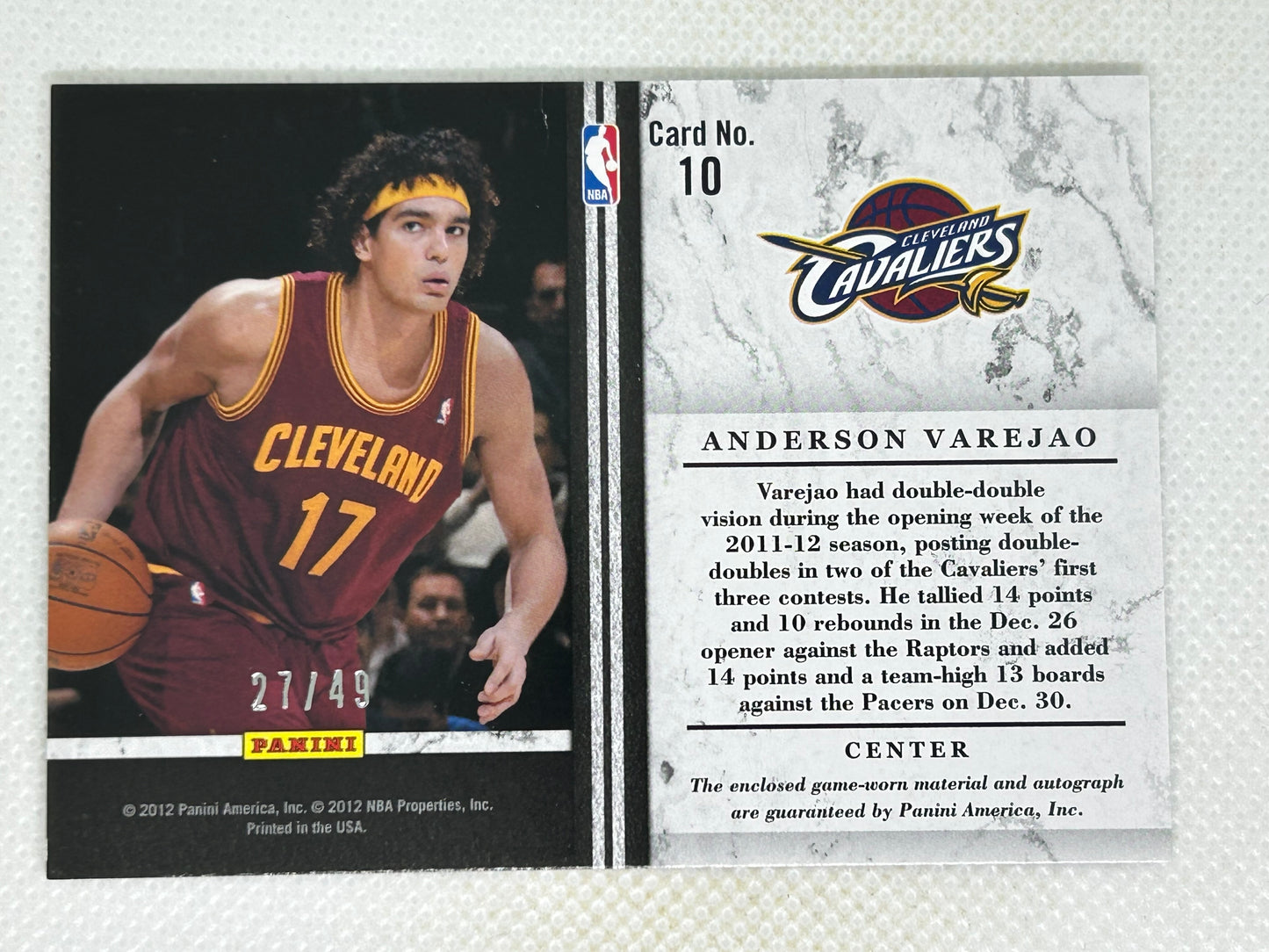 2011-12 Panini Limited Relic Autograph /49 Anderson Varejao #10 Cleveland Cavaliers